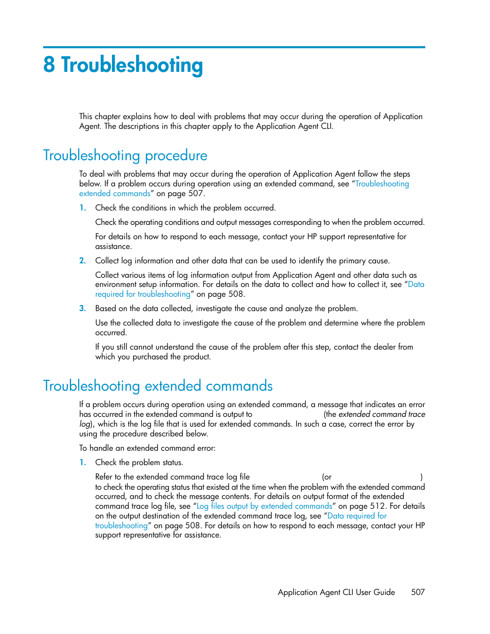 8 troubleshooting, Troubleshooting procedure, Troubleshooting extended commands | 507 troubleshooting extended commands | HP XP Command View Advanced Edition Software User Manual | Page 507 / 574