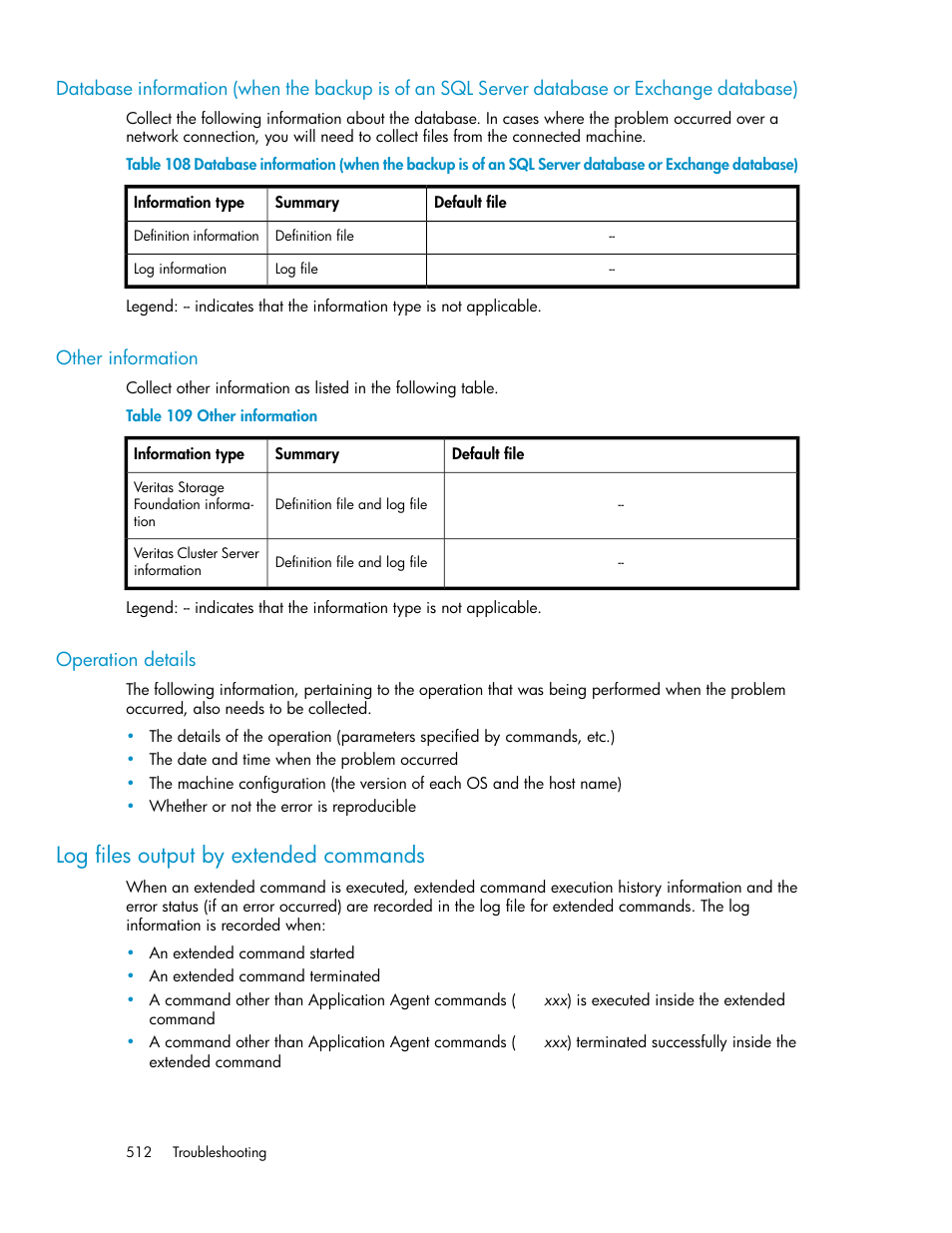 Other information, Operation details, Log files output by extended commands | 512 other information, 512 operation details | HP XP Command View Advanced Edition Software User Manual | Page 512 / 574