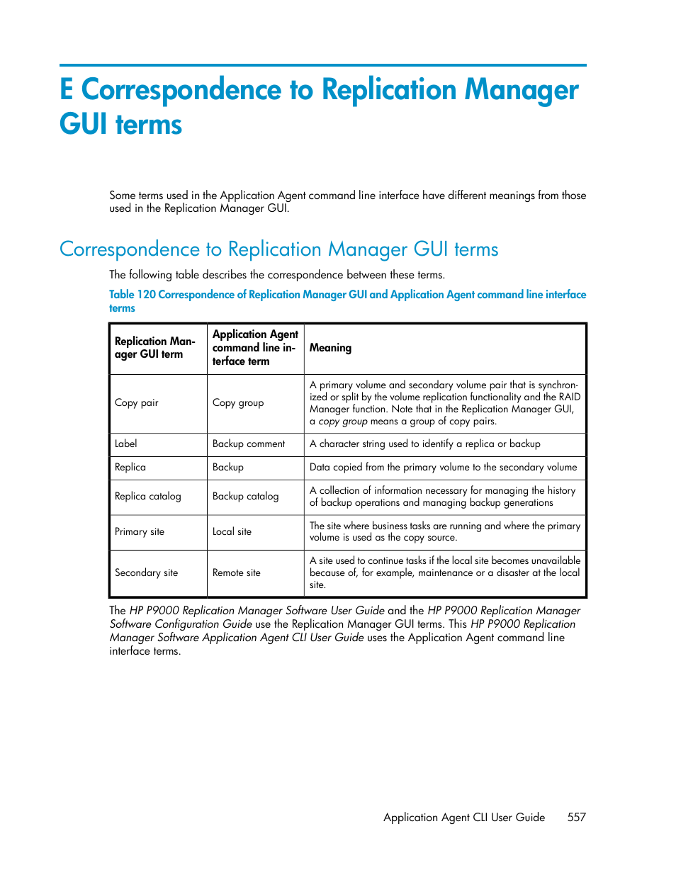 E correspondence to replication manager gui terms, Correspondence to replication manager gui terms | HP XP Command View Advanced Edition Software User Manual | Page 557 / 574