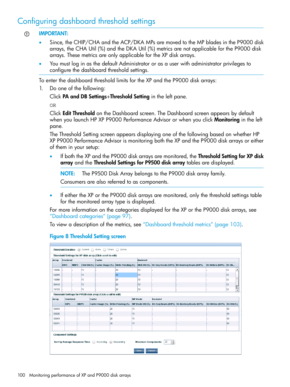 Configuring dashboard threshold settings, Configuring | HP XP P9000 Performance Advisor Software User Manual | Page 100 / 419