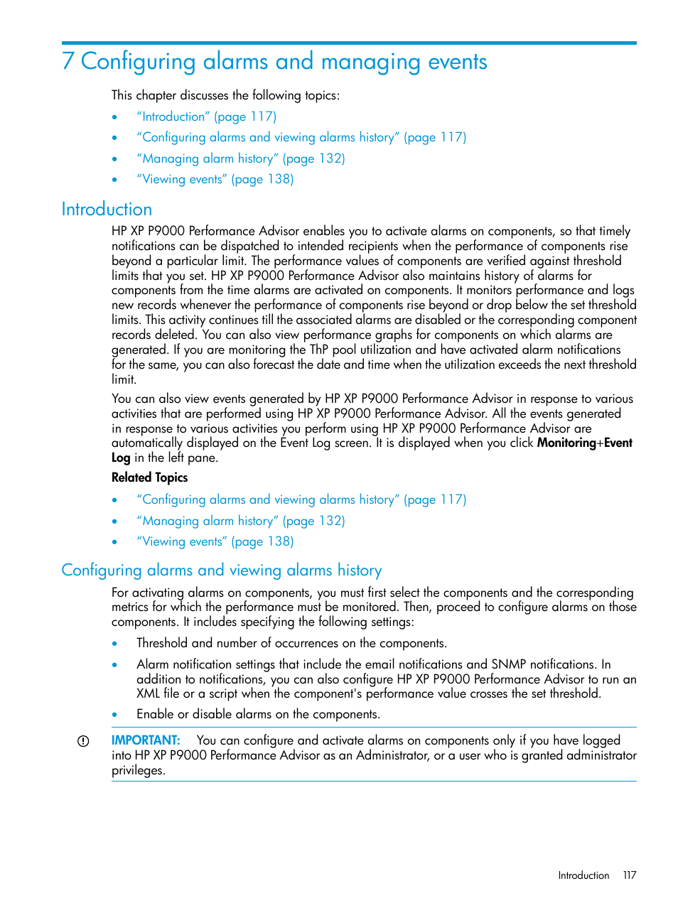 7 configuring alarms and managing events, Introduction, Configuring alarms and viewing alarms history | HP XP P9000 Performance Advisor Software User Manual | Page 117 / 419