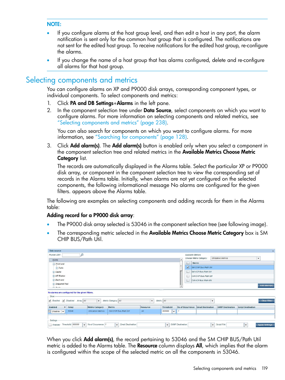 Selecting components and metrics, Adding or removing metric | HP XP P9000 Performance Advisor Software User Manual | Page 119 / 419