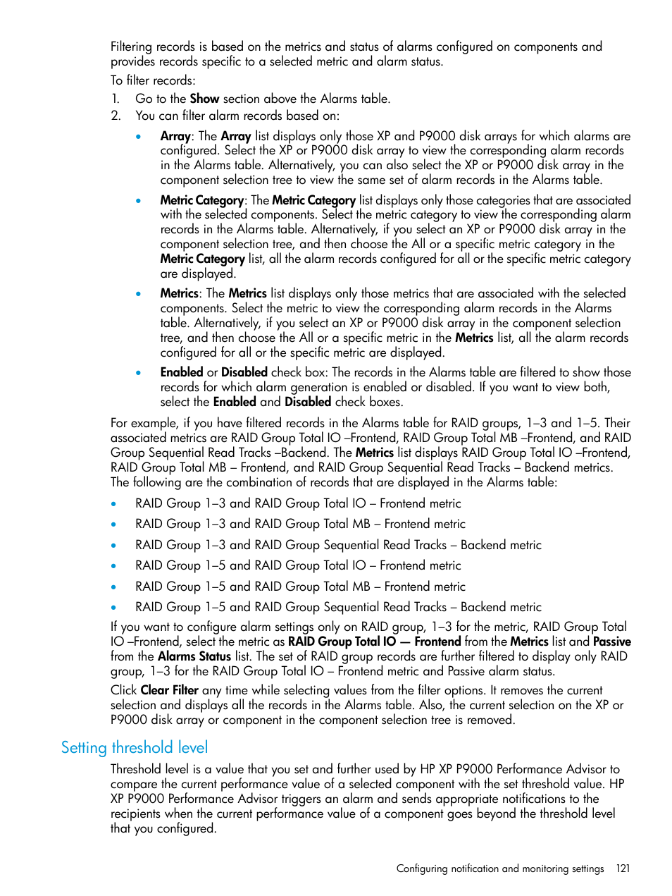 Setting threshold level, Setting | HP XP P9000 Performance Advisor Software User Manual | Page 121 / 419