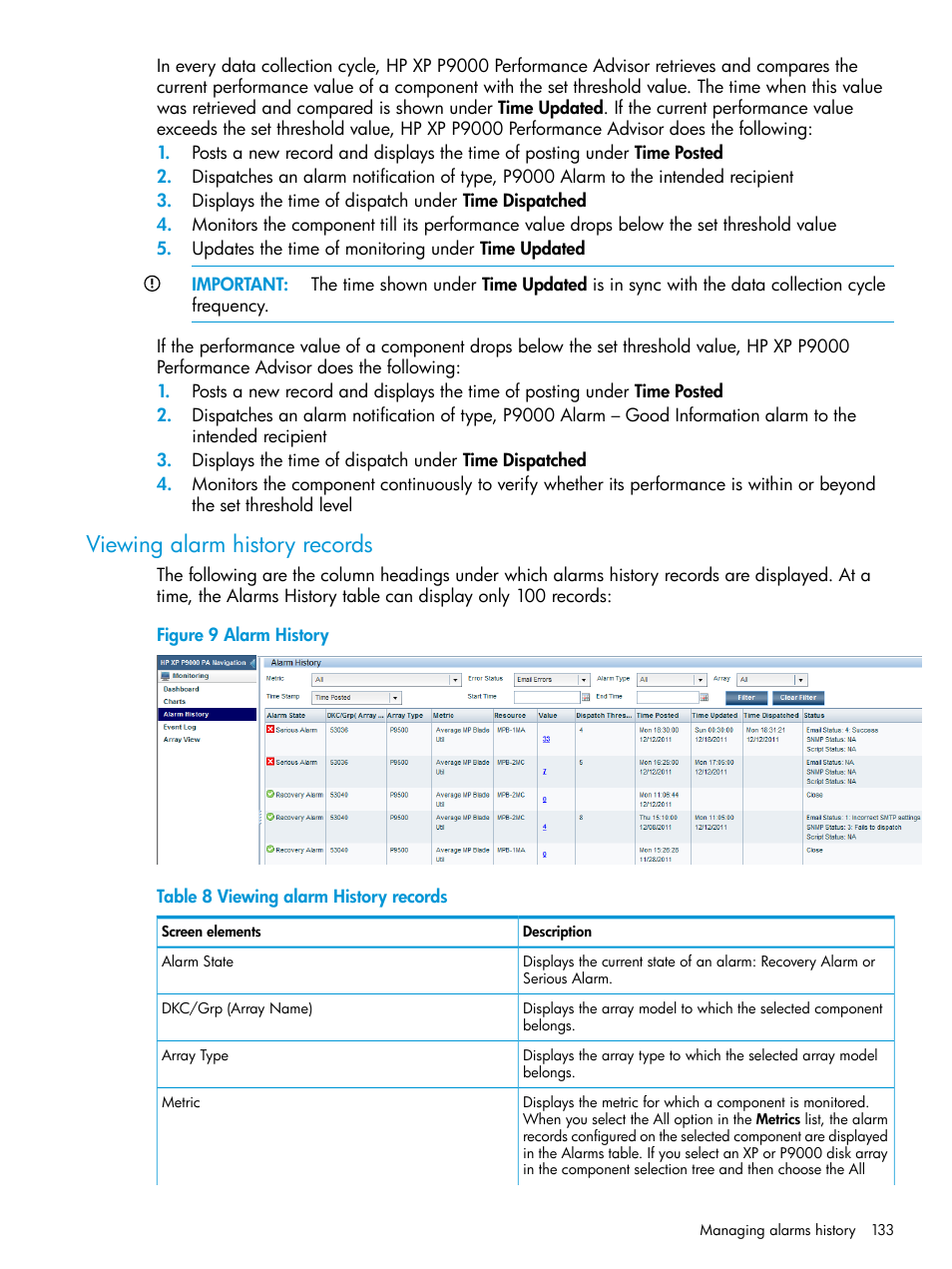 Viewing alarm history records, Alarm | HP XP P9000 Performance Advisor Software User Manual | Page 133 / 419