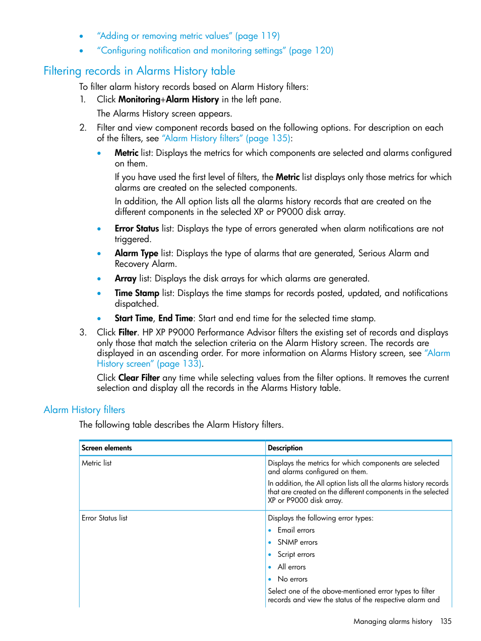 Filtering records in alarms history table, Alarm history filters | HP XP P9000 Performance Advisor Software User Manual | Page 135 / 419