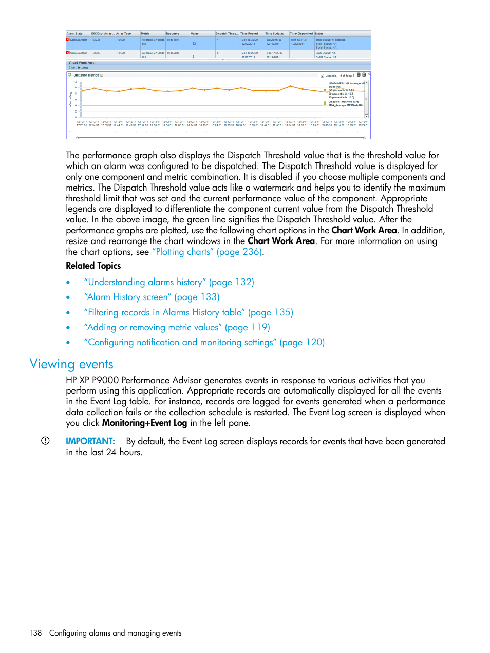 Viewing events, Viewing | HP XP P9000 Performance Advisor Software User Manual | Page 138 / 419