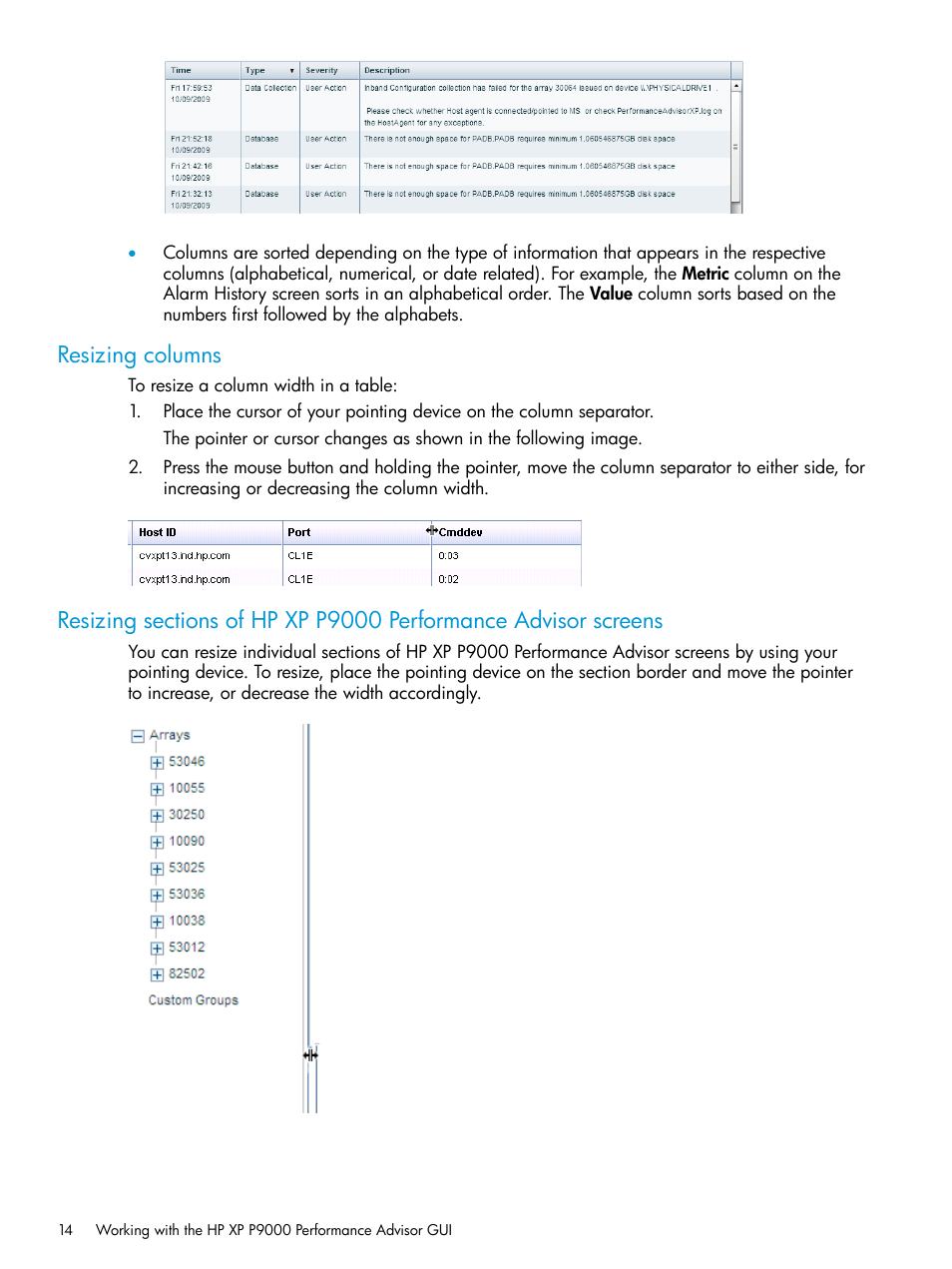 Resizing columns | HP XP P9000 Performance Advisor Software User Manual | Page 14 / 419