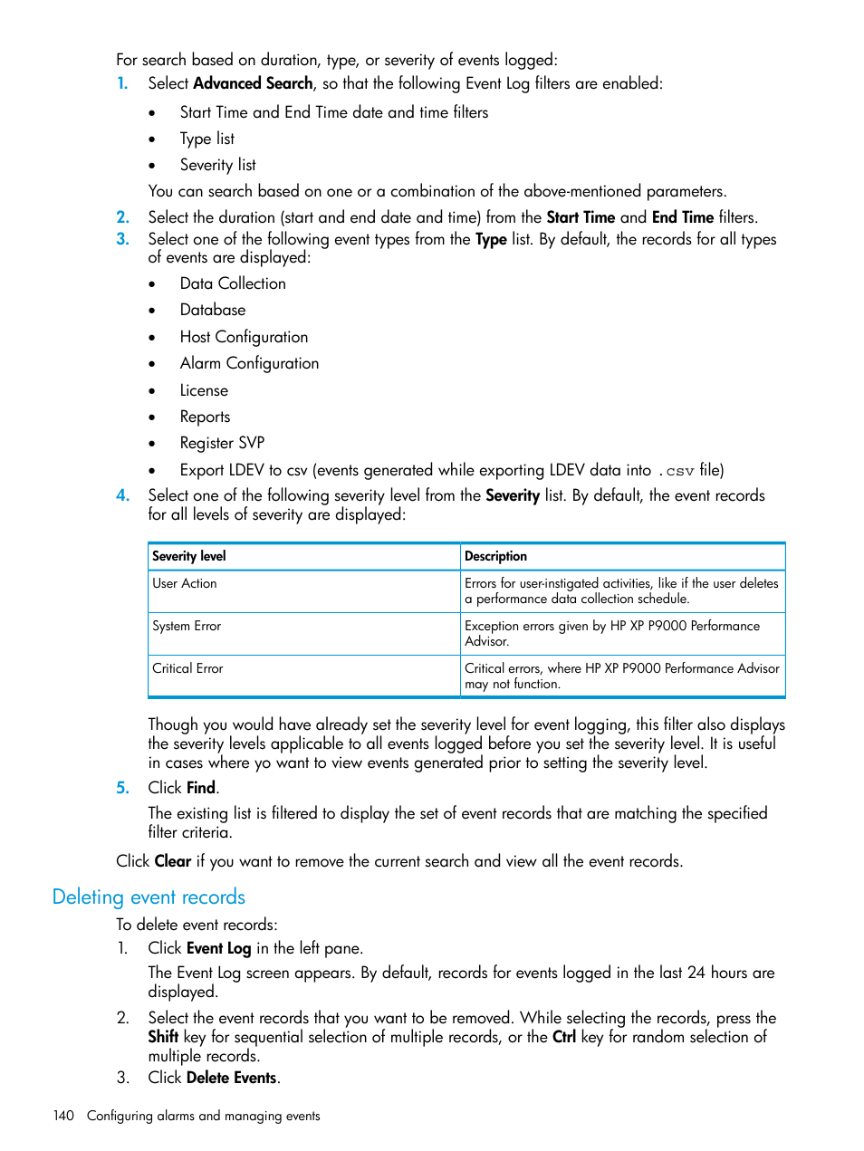 Deleting event records | HP XP P9000 Performance Advisor Software User Manual | Page 140 / 419