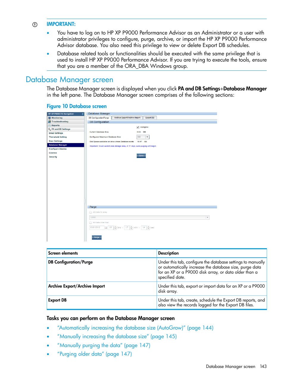 Database manager screen | HP XP P9000 Performance Advisor Software User Manual | Page 143 / 419