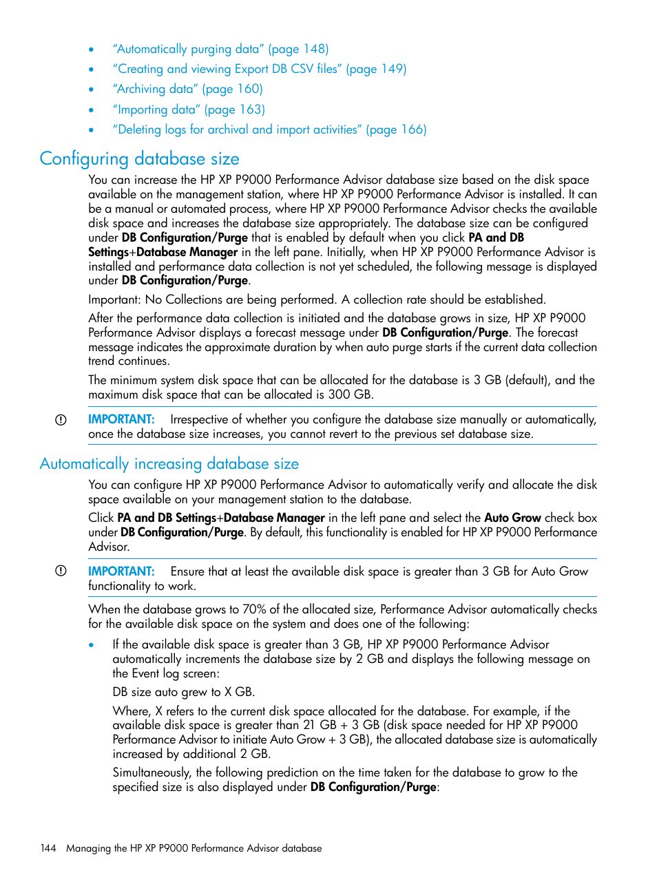 Configuring database size, Automatically increasing database size | HP XP P9000 Performance Advisor Software User Manual | Page 144 / 419