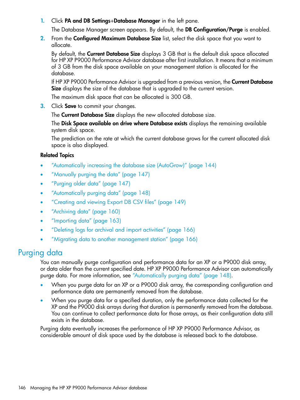 Purging data | HP XP P9000 Performance Advisor Software User Manual | Page 146 / 419