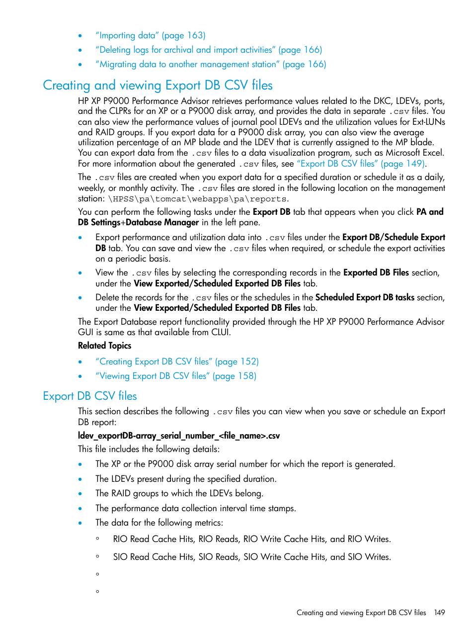 Creating and viewing export db csv files, Export db csv files | HP XP P9000 Performance Advisor Software User Manual | Page 149 / 419