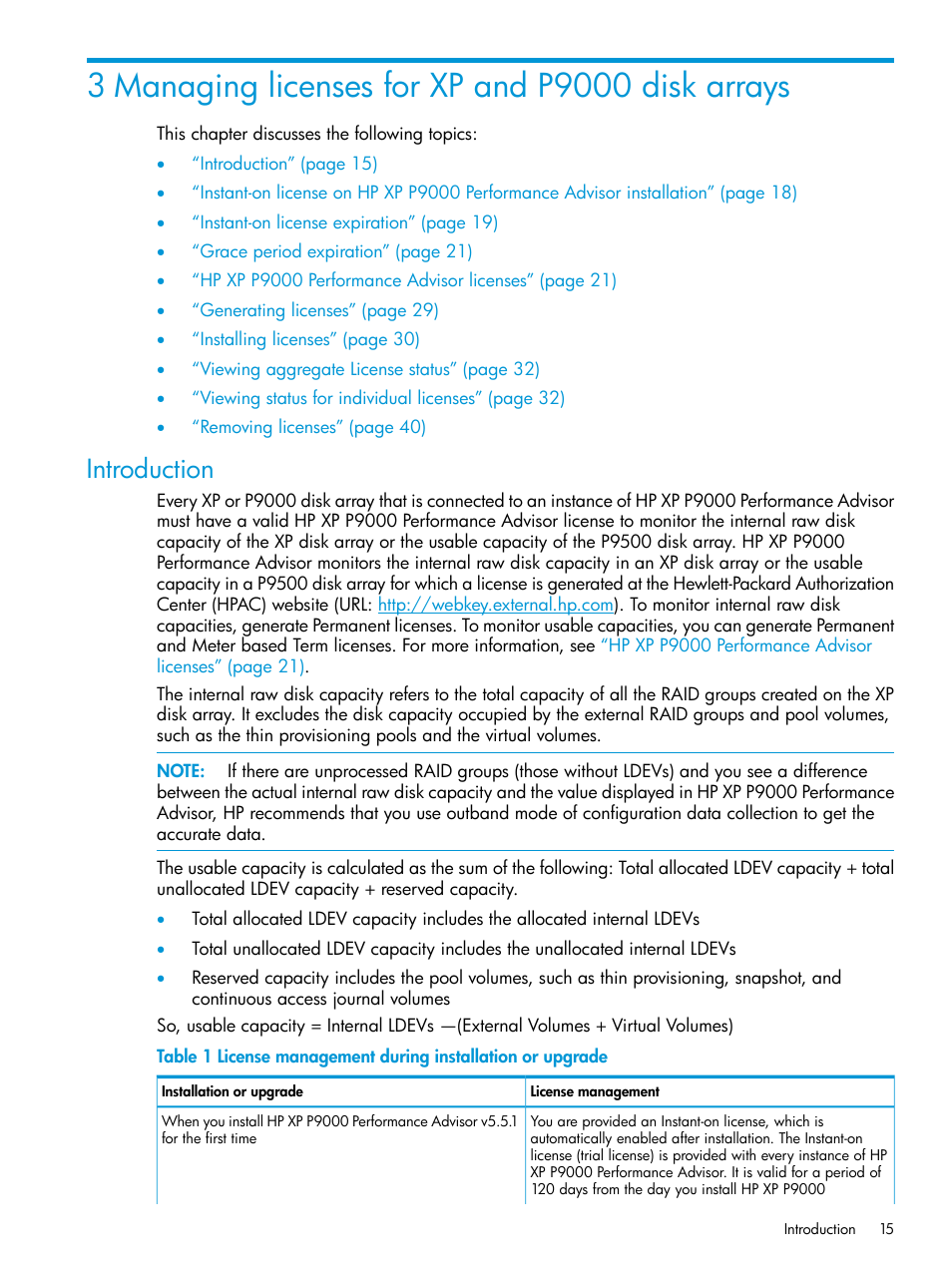 3 managing licenses for xp and p9000 disk arrays, Introduction | HP XP P9000 Performance Advisor Software User Manual | Page 15 / 419