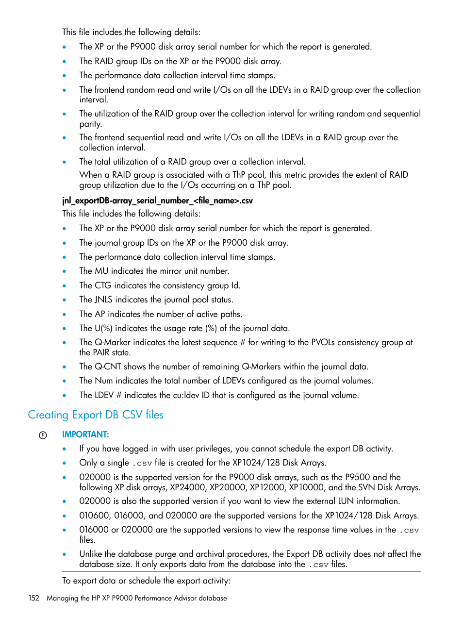 Creating export db csv files | HP XP P9000 Performance Advisor Software User Manual | Page 152 / 419