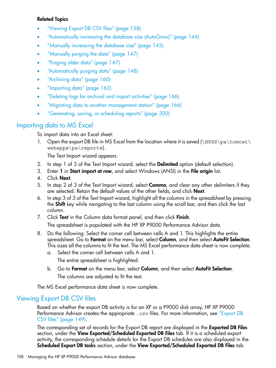 Importing data to ms excel, Viewing export db csv files | HP XP P9000 Performance Advisor Software User Manual | Page 158 / 419