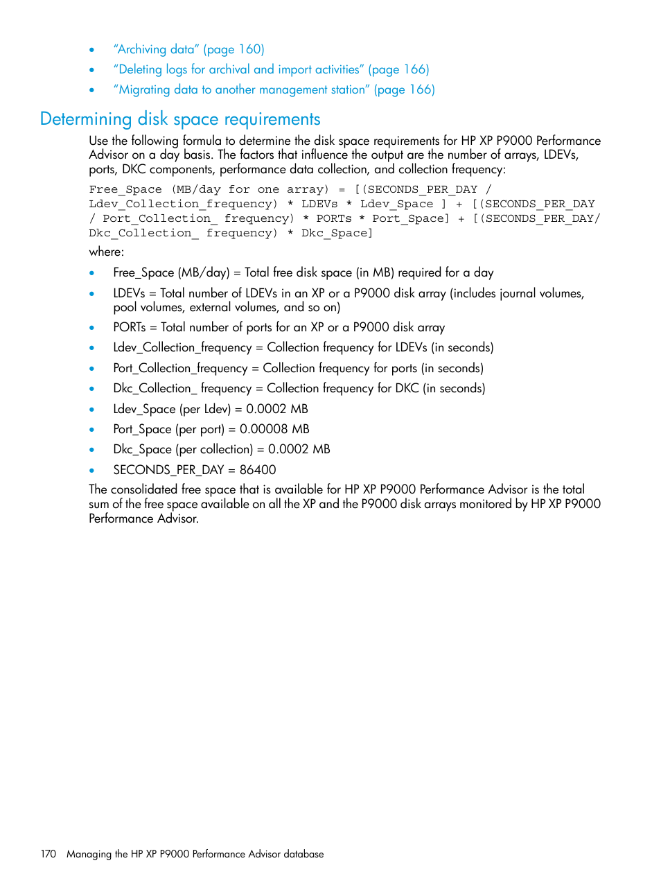 Determining disk space requirements | HP XP P9000 Performance Advisor Software User Manual | Page 170 / 419