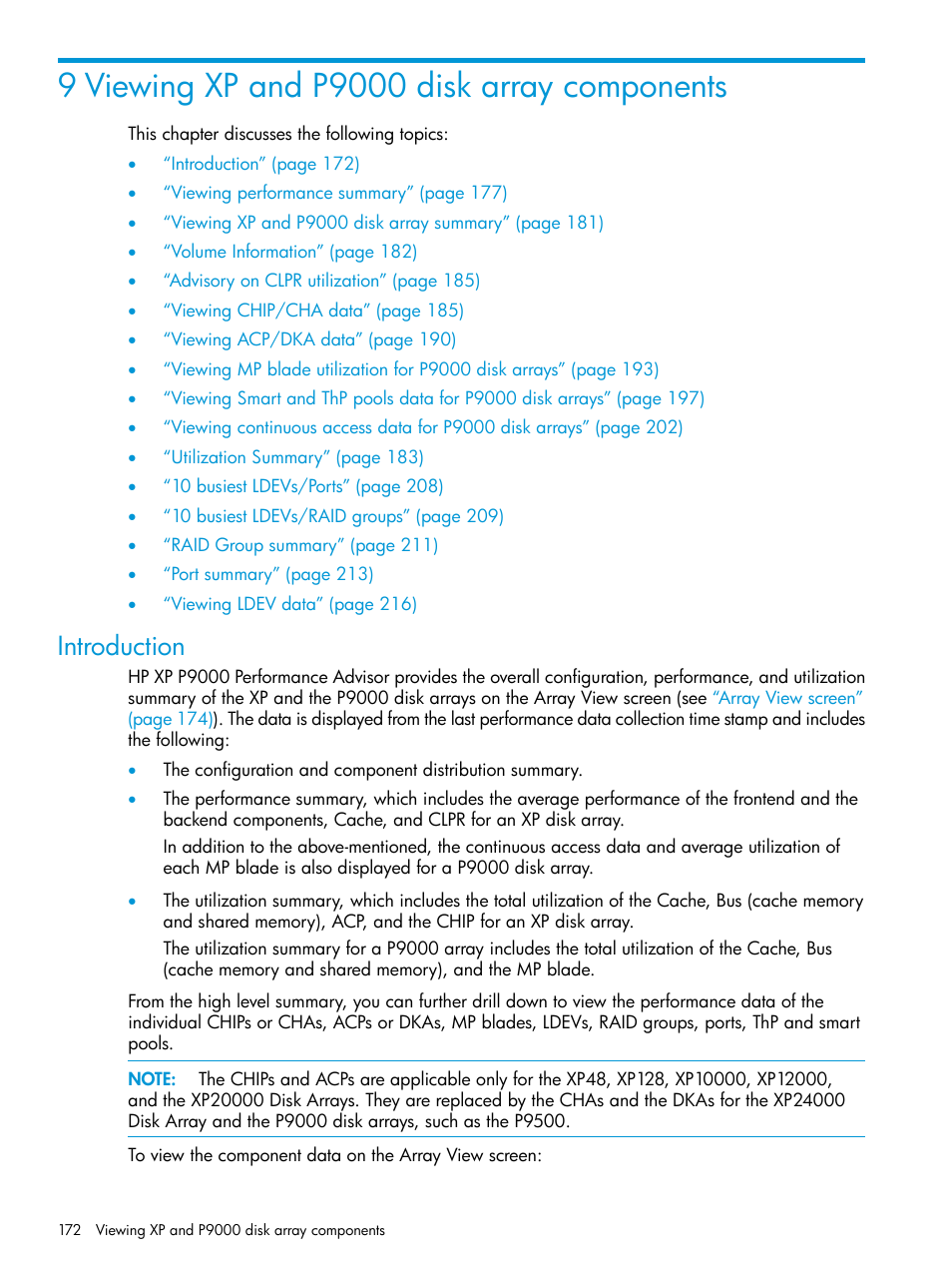 9 viewing xp and p9000 disk array components, Introduction | HP XP P9000 Performance Advisor Software User Manual | Page 172 / 419
