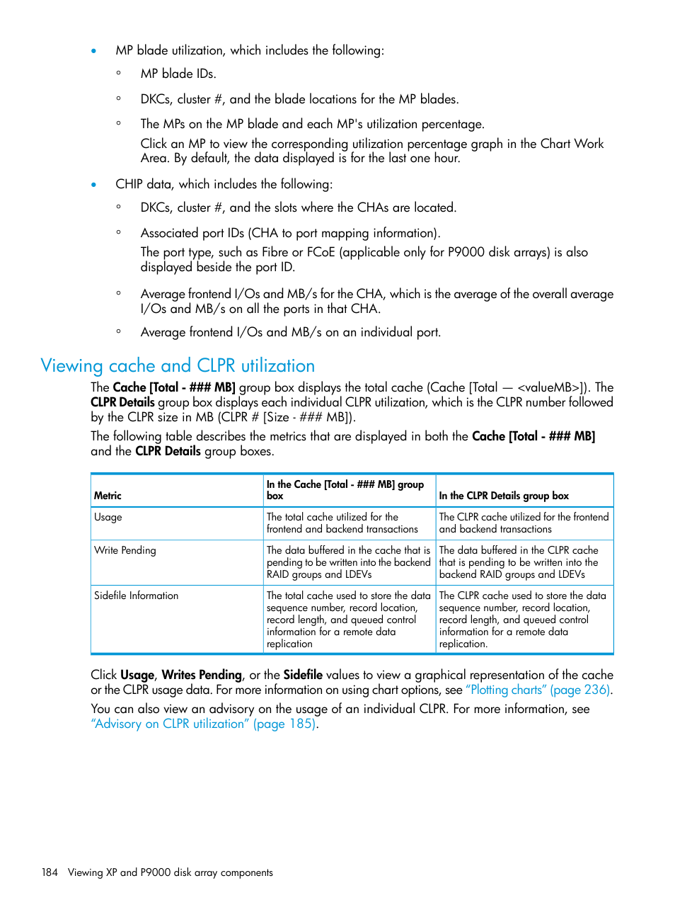 Viewing cache and clpr utilization, Cache usage | HP XP P9000 Performance Advisor Software User Manual | Page 184 / 419