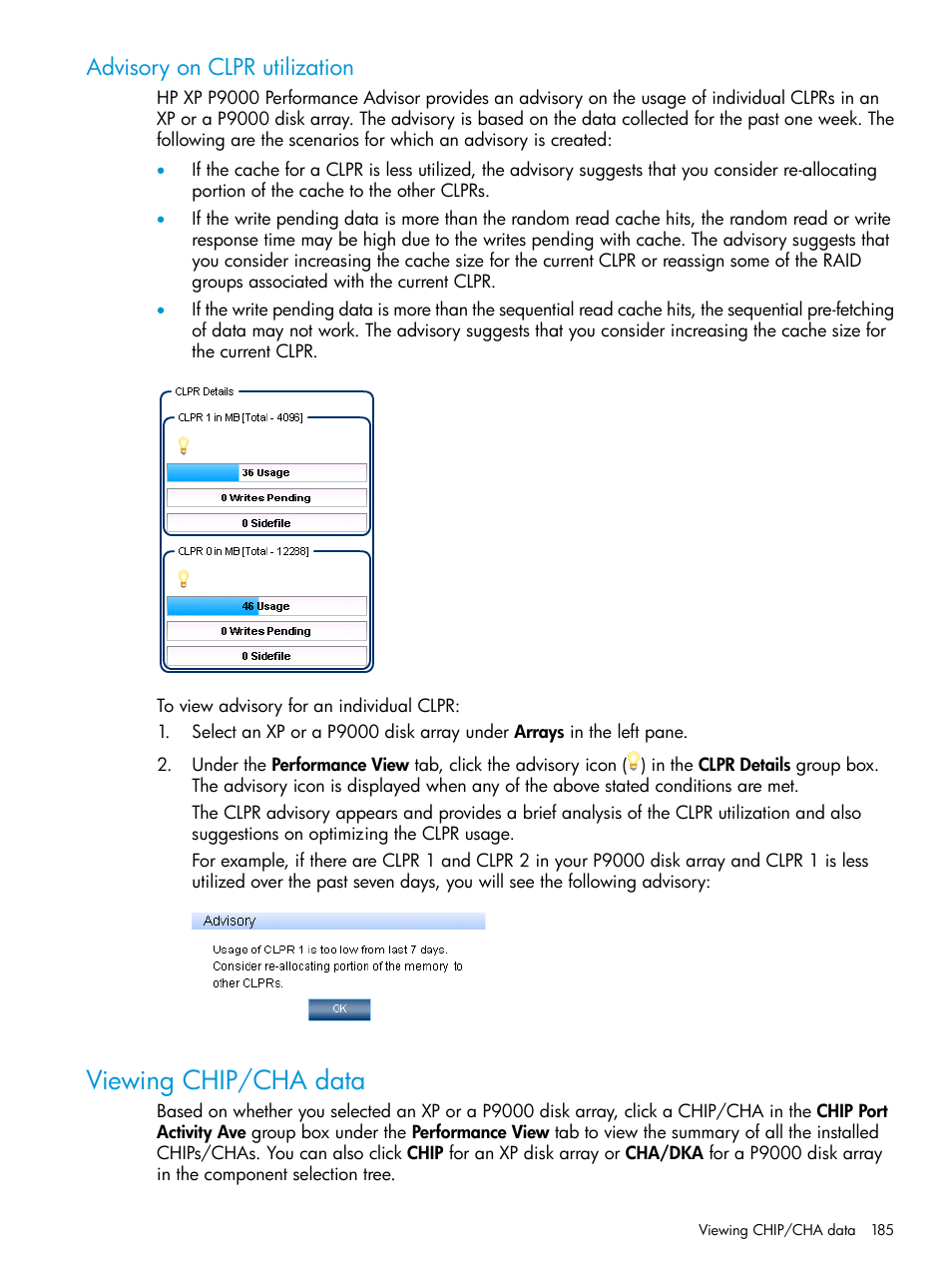 Advisory on clpr utilization, Viewing chip/cha data, Viewing chip/cha | Viewing | HP XP P9000 Performance Advisor Software User Manual | Page 185 / 419