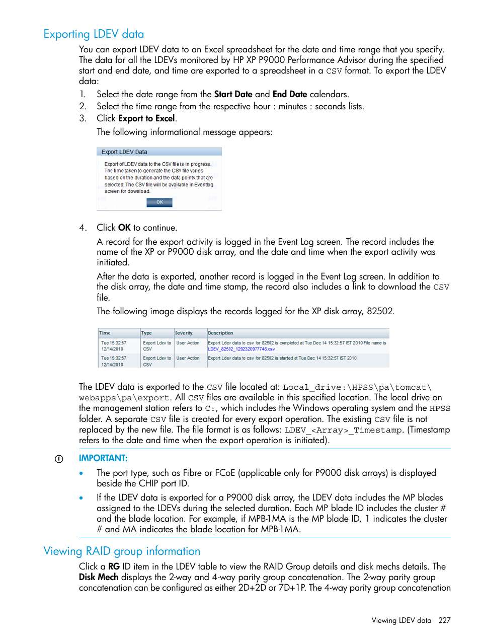 Exporting ldev data, Viewing raid group information, Exporting ldev data viewing raid group information | HP XP P9000 Performance Advisor Software User Manual | Page 227 / 419