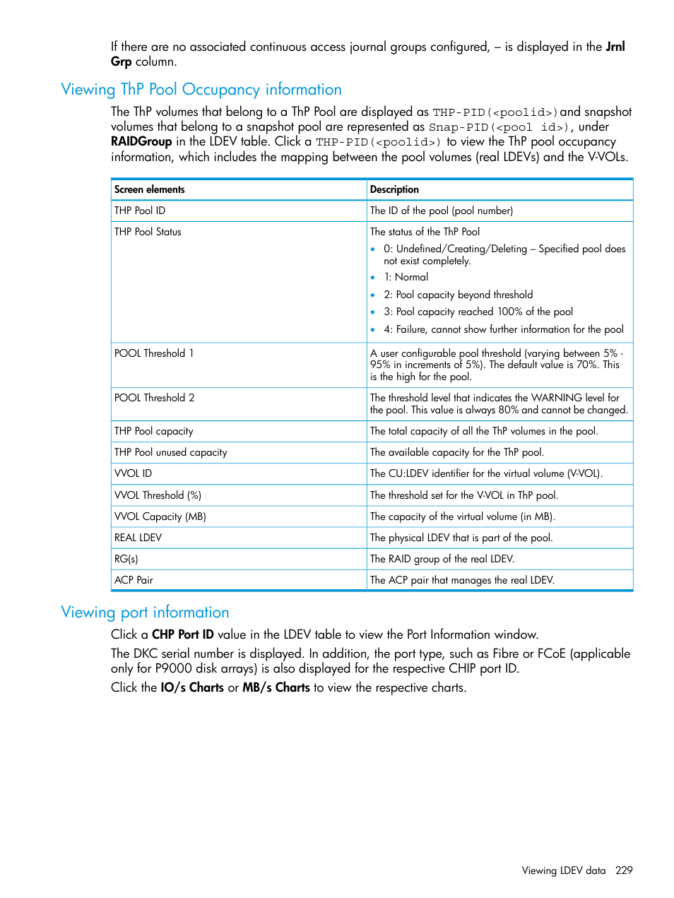 Viewing thp pool occupancy information, Viewing port information | HP XP P9000 Performance Advisor Software User Manual | Page 229 / 419