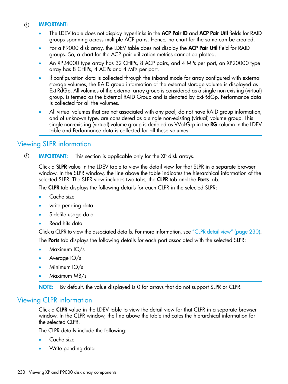 Viewing slpr information, Viewing clpr information, Viewing slpr information viewing clpr information | Slpr | HP XP P9000 Performance Advisor Software User Manual | Page 230 / 419