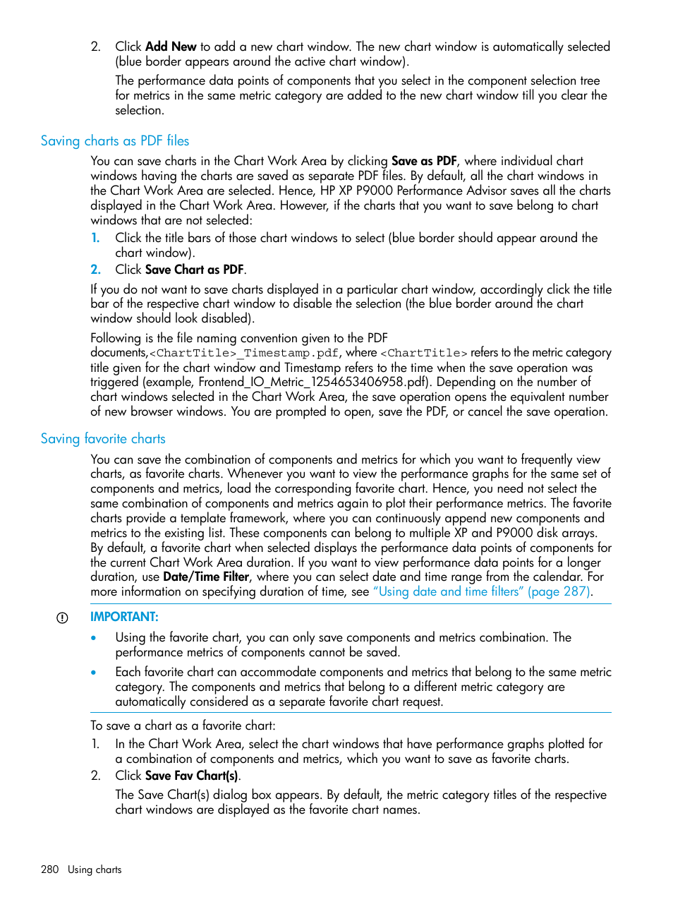 Saving charts as pdf files, Saving favorite charts, Saving charts as pdf files saving favorite charts | HP XP P9000 Performance Advisor Software User Manual | Page 280 / 419
