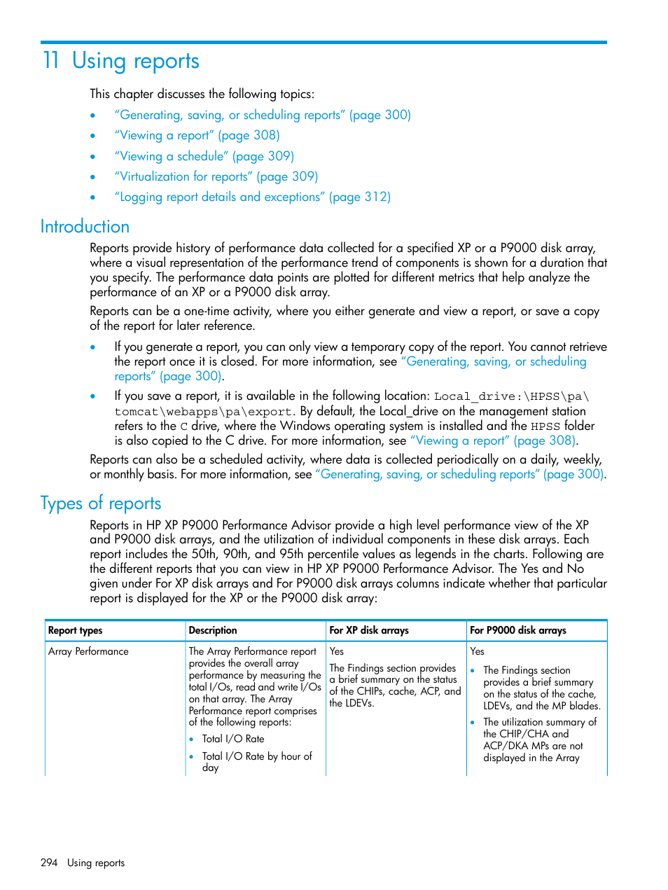 11 using reports, Introduction, Types of reports | Introduction types of reports | HP XP P9000 Performance Advisor Software User Manual | Page 294 / 419