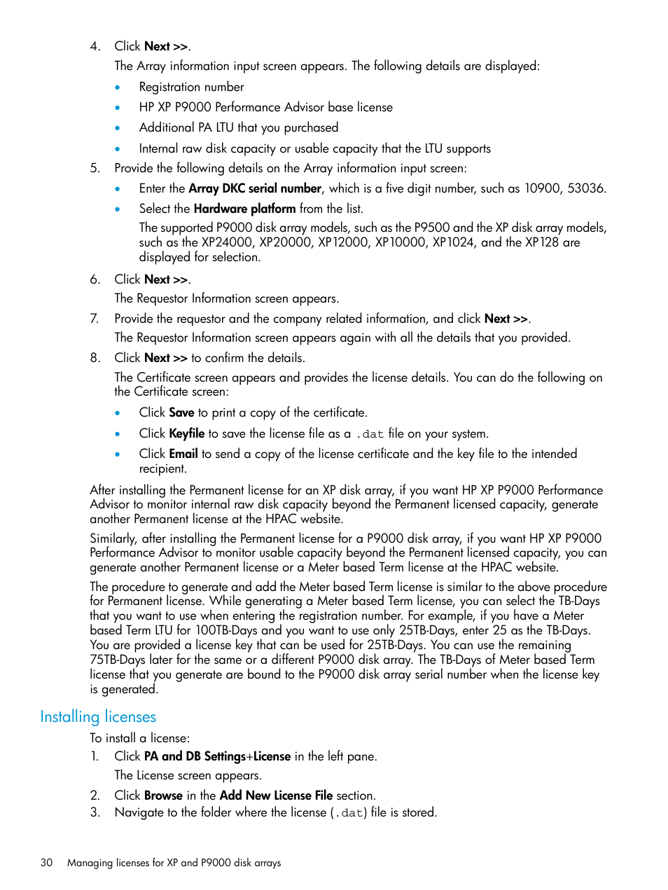 Installing licenses | HP XP P9000 Performance Advisor Software User Manual | Page 30 / 419