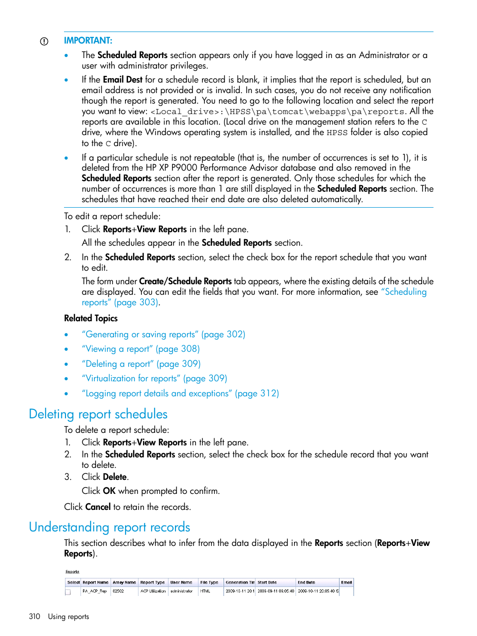 Deleting report schedules, Understanding report records | HP XP P9000 Performance Advisor Software User Manual | Page 310 / 419