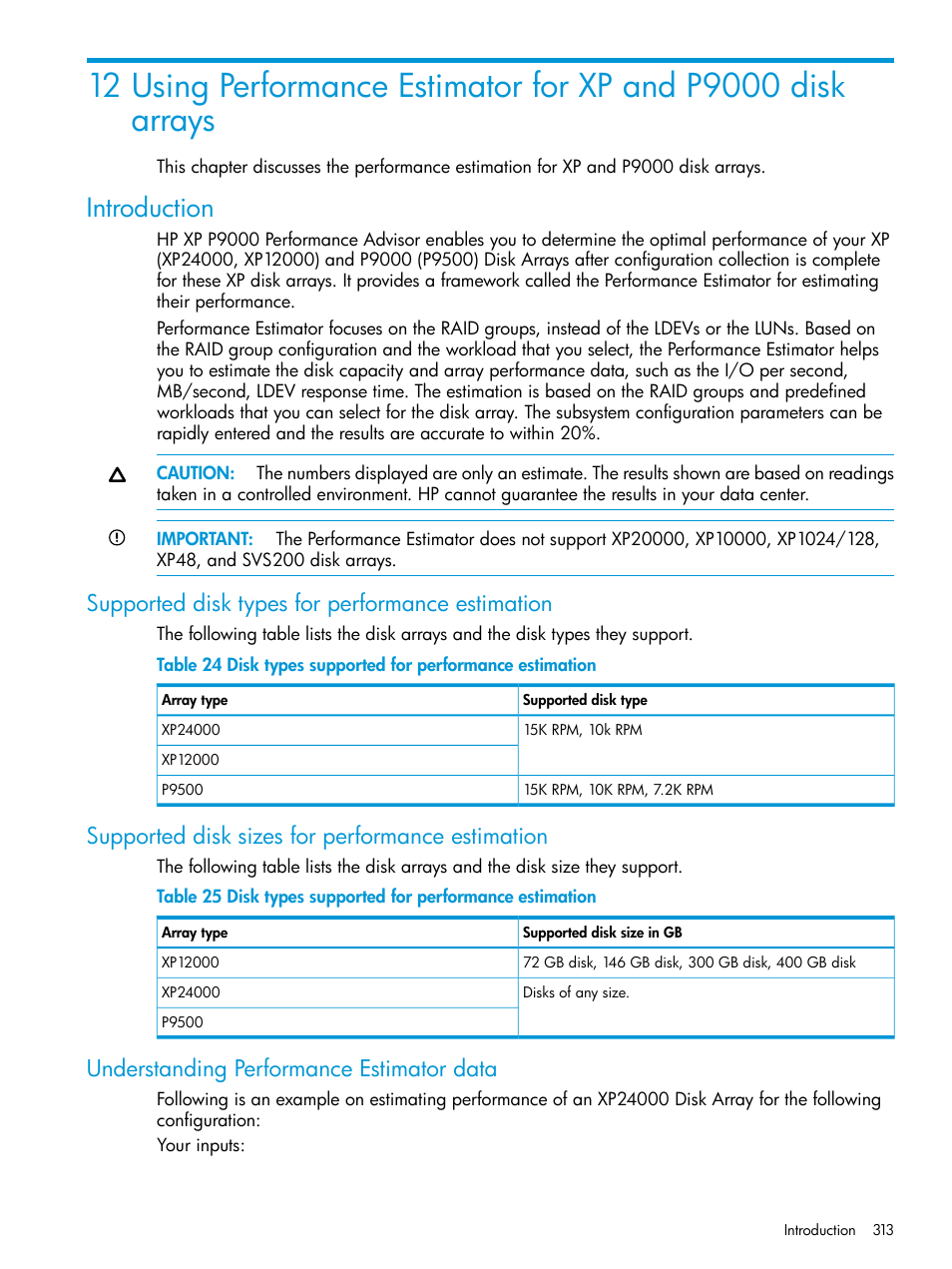 Introduction, Supported disk types for performance estimation, Supported disk sizes for performance estimation | Understanding performance estimator data | HP XP P9000 Performance Advisor Software User Manual | Page 313 / 419