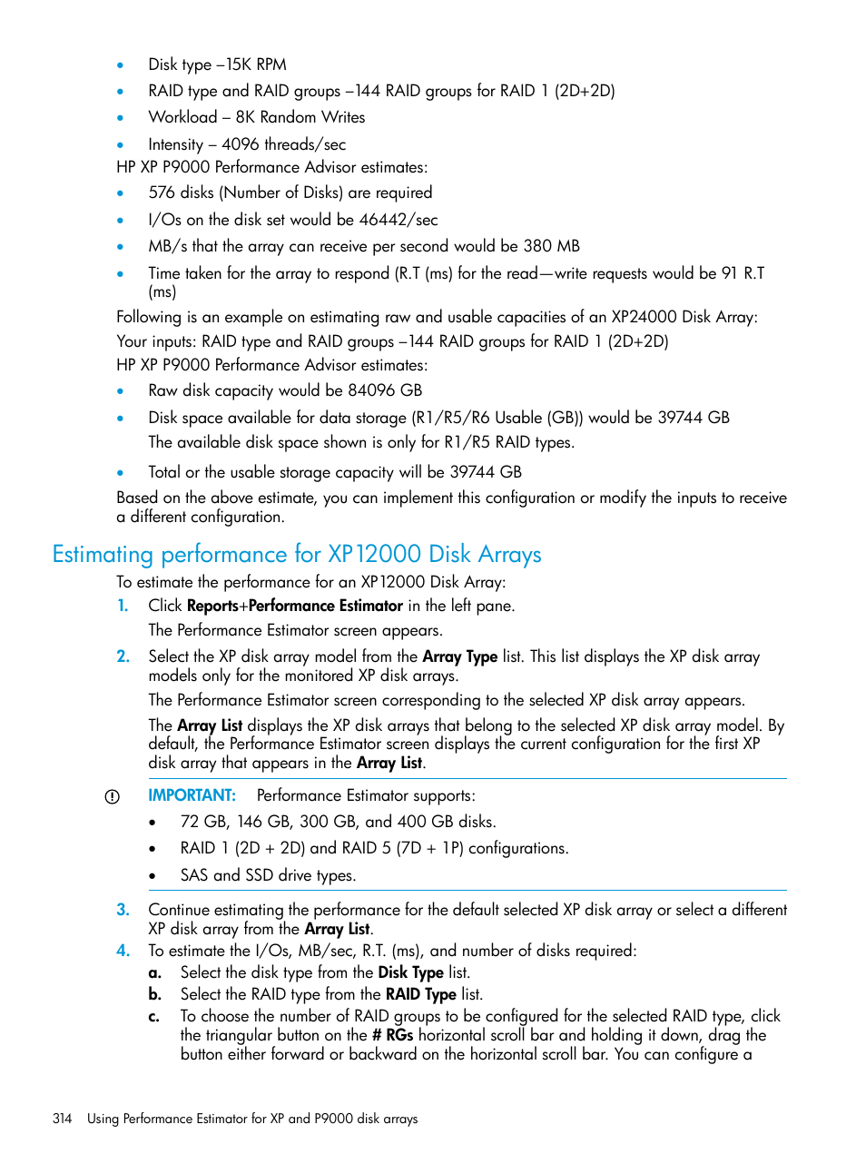 Estimating performance for xp12000 disk arrays | HP XP P9000 Performance Advisor Software User Manual | Page 314 / 419