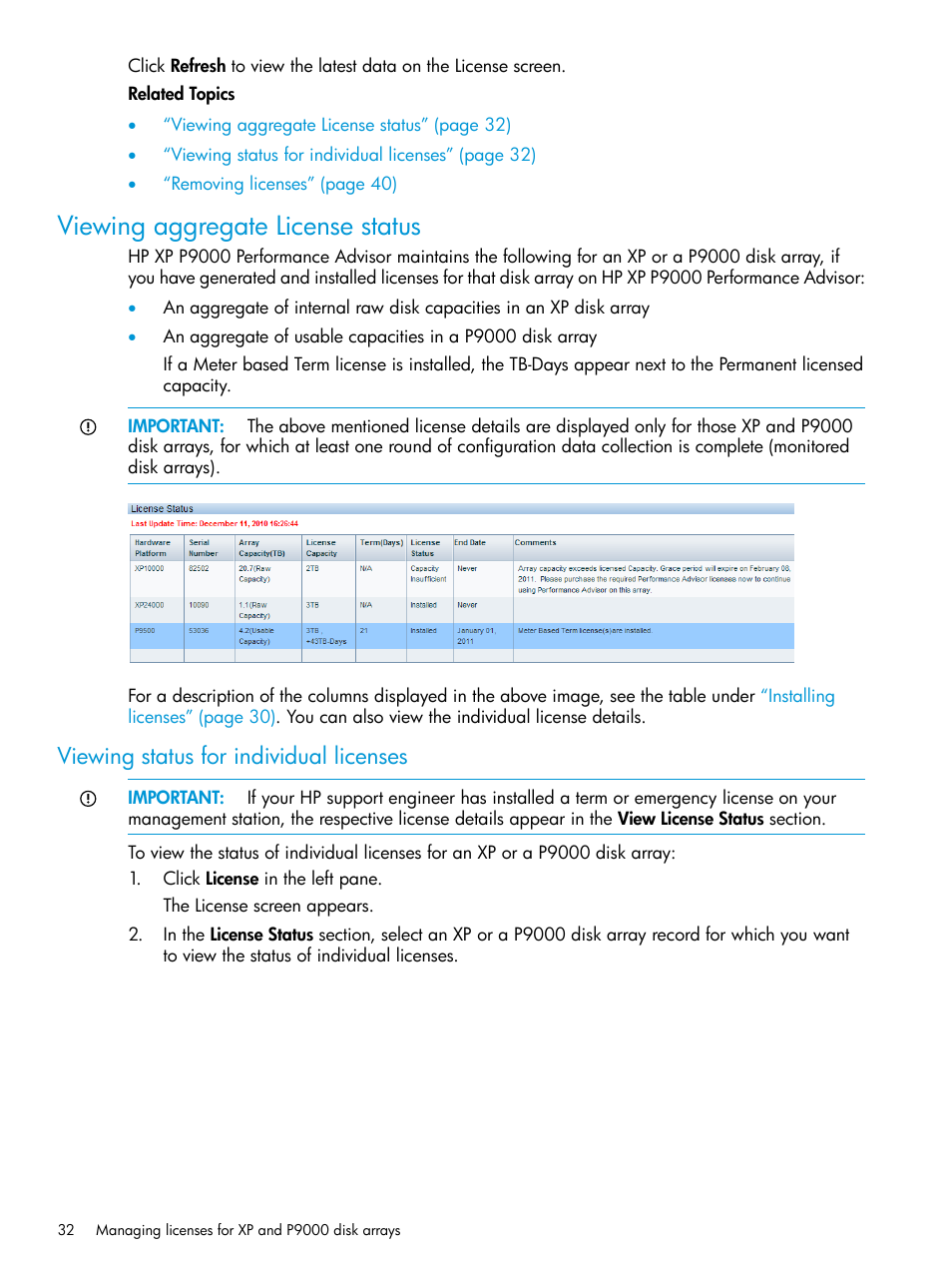 Viewing aggregate license status, Viewing status for individual licenses | HP XP P9000 Performance Advisor Software User Manual | Page 32 / 419