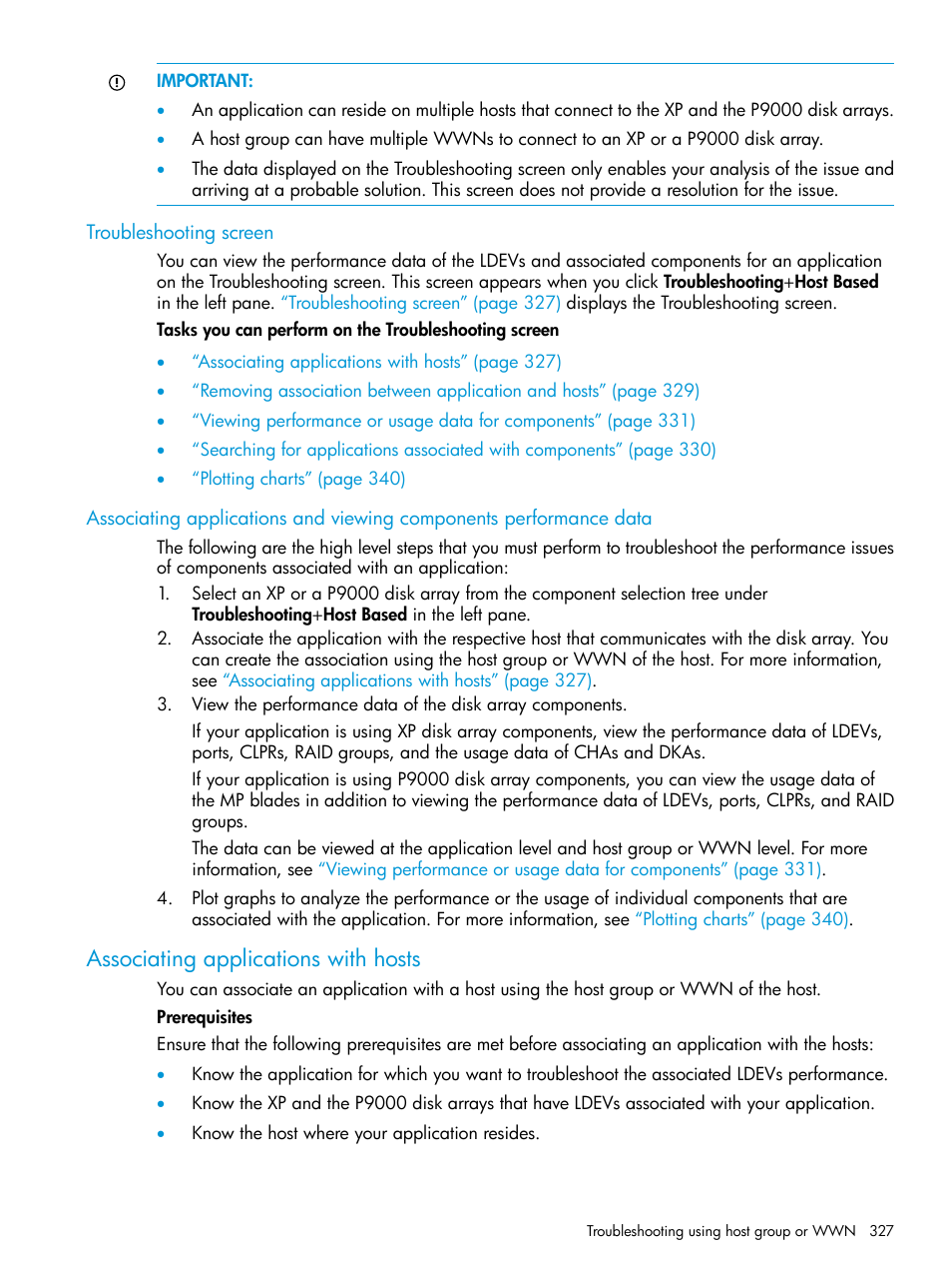 Troubleshooting screen, Associating applications with hosts | HP XP P9000 Performance Advisor Software User Manual | Page 327 / 419