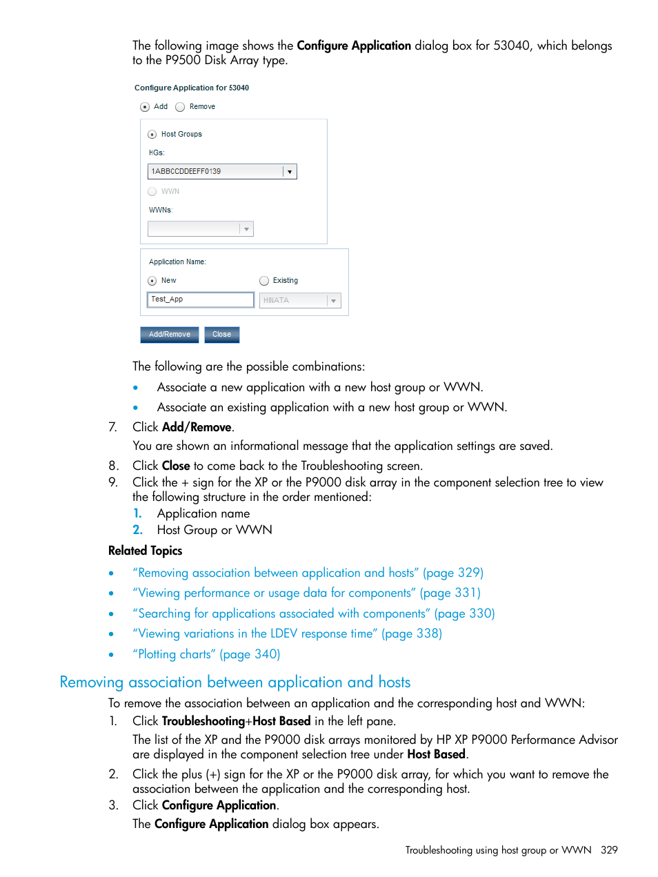 Removing association between application and hosts | HP XP P9000 Performance Advisor Software User Manual | Page 329 / 419