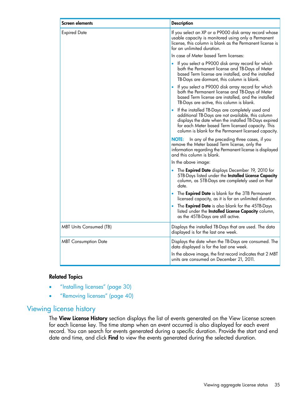 Viewing license history | HP XP P9000 Performance Advisor Software User Manual | Page 35 / 419