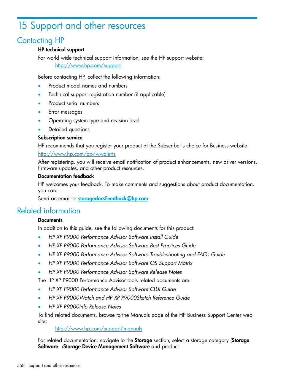 15 support and other resources, Contacting hp, Related information | Contacting hp related information | HP XP P9000 Performance Advisor Software User Manual | Page 358 / 419