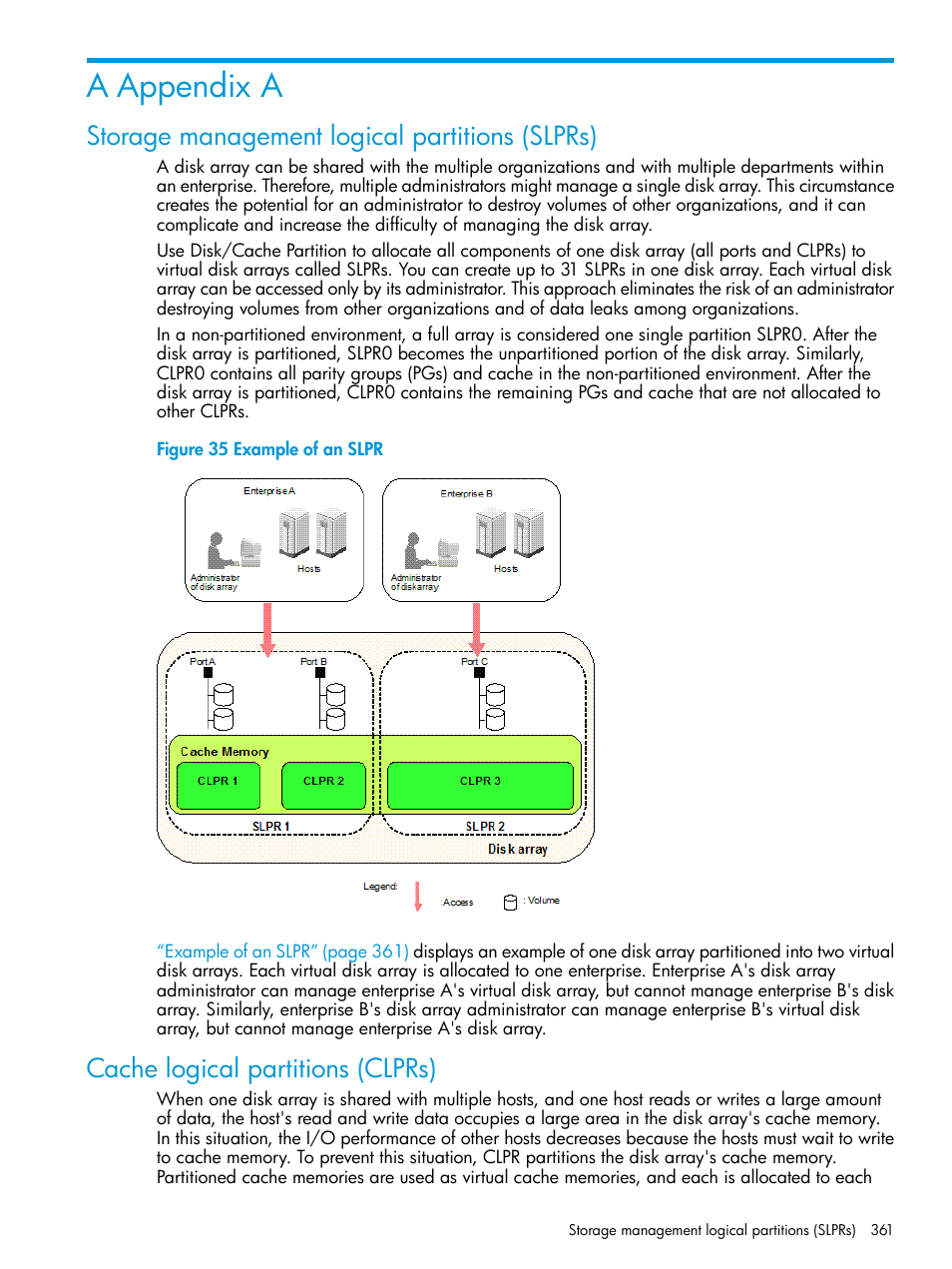 A appendix a, Storage management logical partitions (slprs), Cache logical partitions (clprs) | HP XP P9000 Performance Advisor Software User Manual | Page 361 / 419