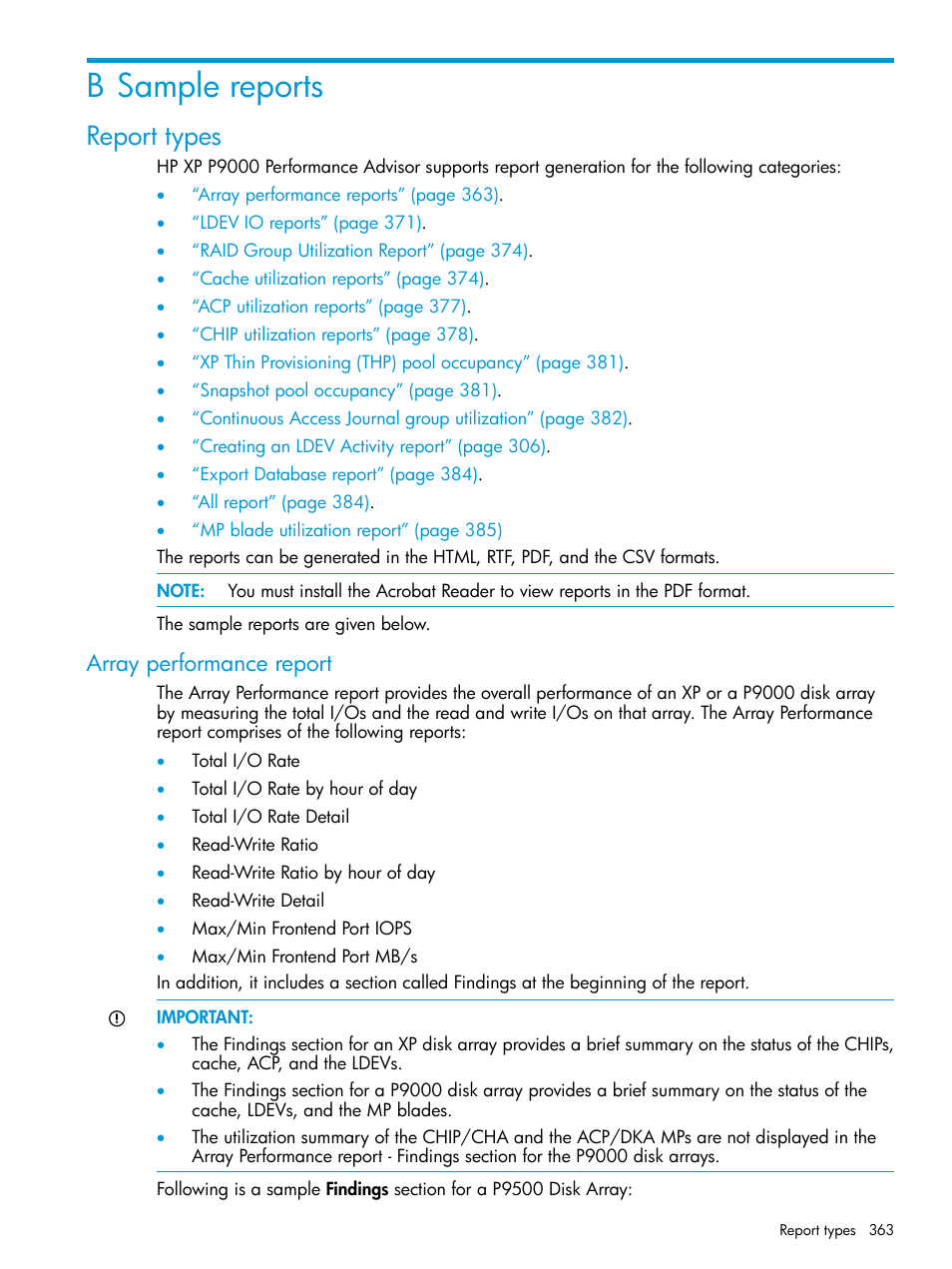 B sample reports, Report types, Array performance report | HP XP P9000 Performance Advisor Software User Manual | Page 363 / 419