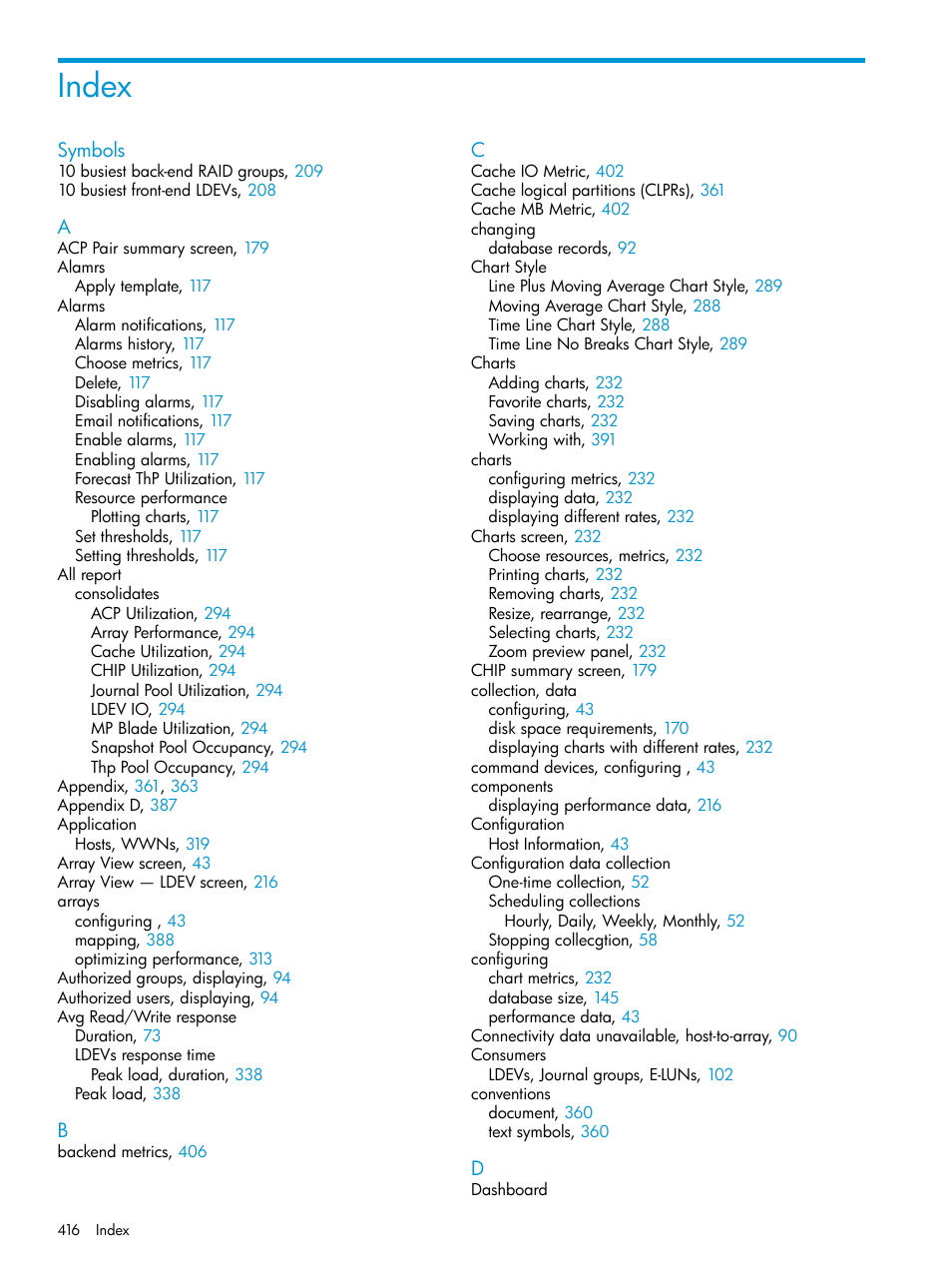 Index | HP XP P9000 Performance Advisor Software User Manual | Page 416 / 419