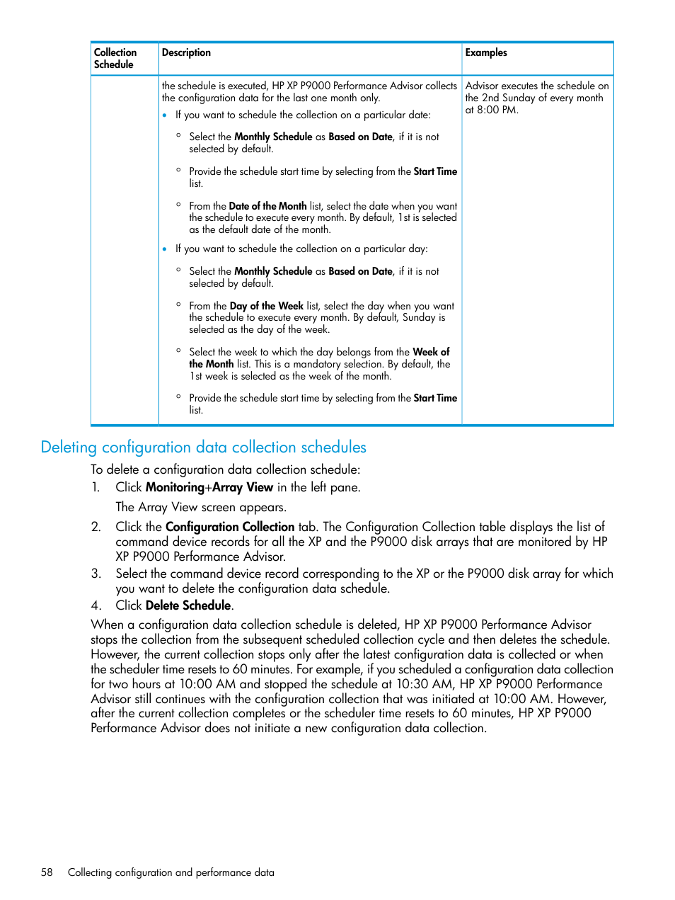 Deleting configuration data collection schedules | HP XP P9000 Performance Advisor Software User Manual | Page 58 / 419