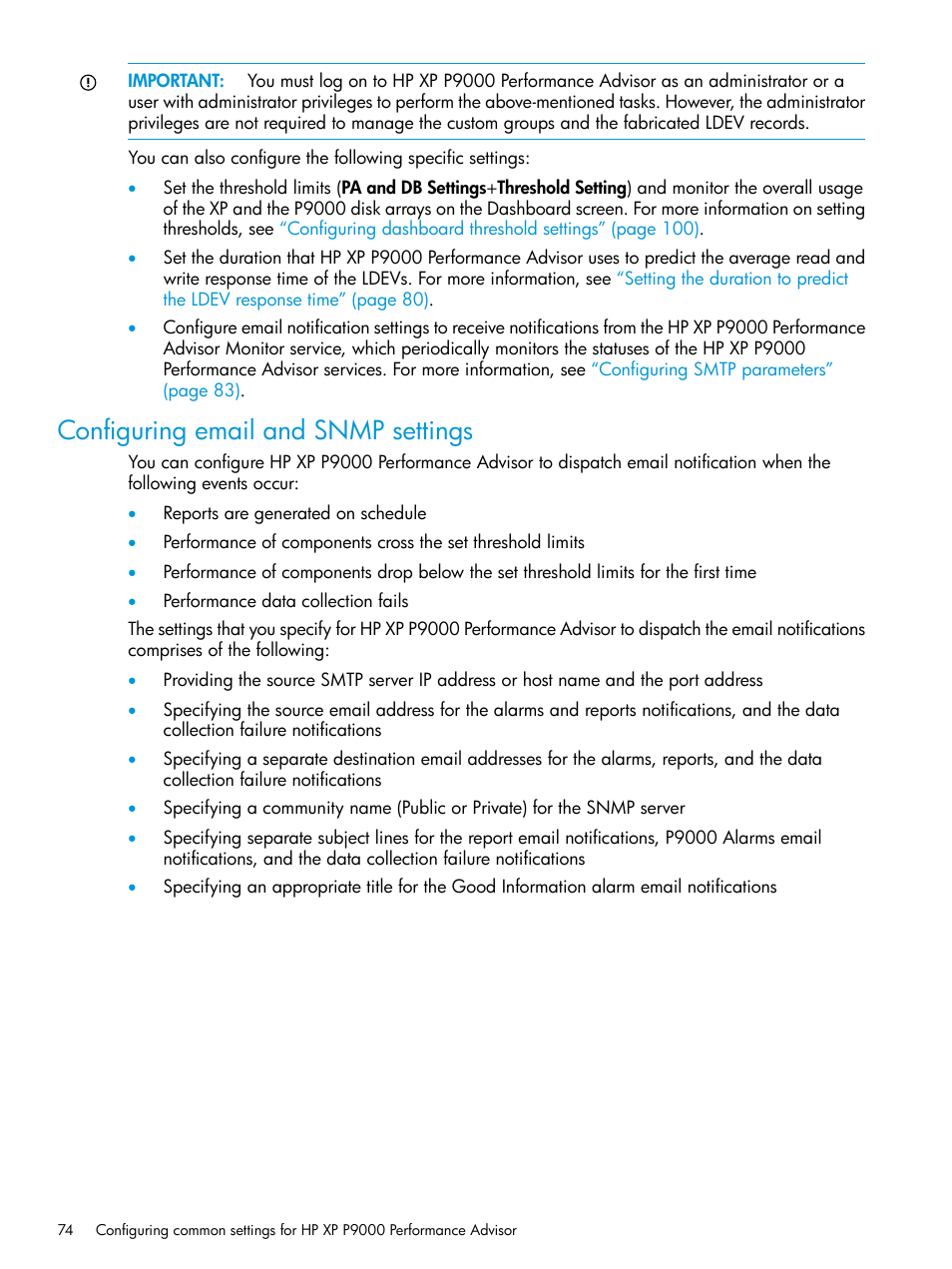 Configuring email and snmp settings | HP XP P9000 Performance Advisor Software User Manual | Page 74 / 419