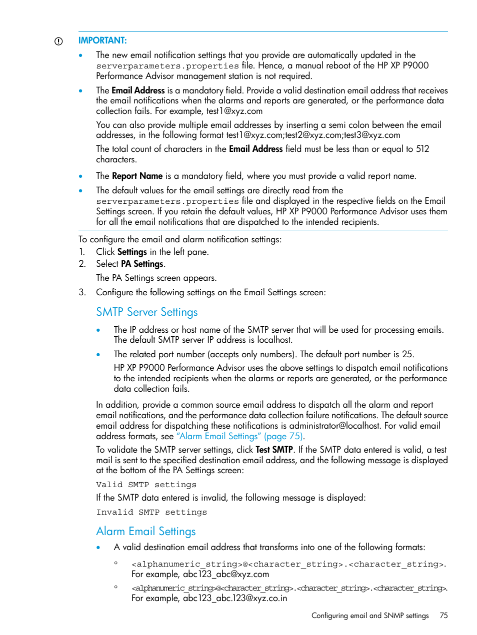Smtp server settings, Alarm email settings | HP XP P9000 Performance Advisor Software User Manual | Page 75 / 419