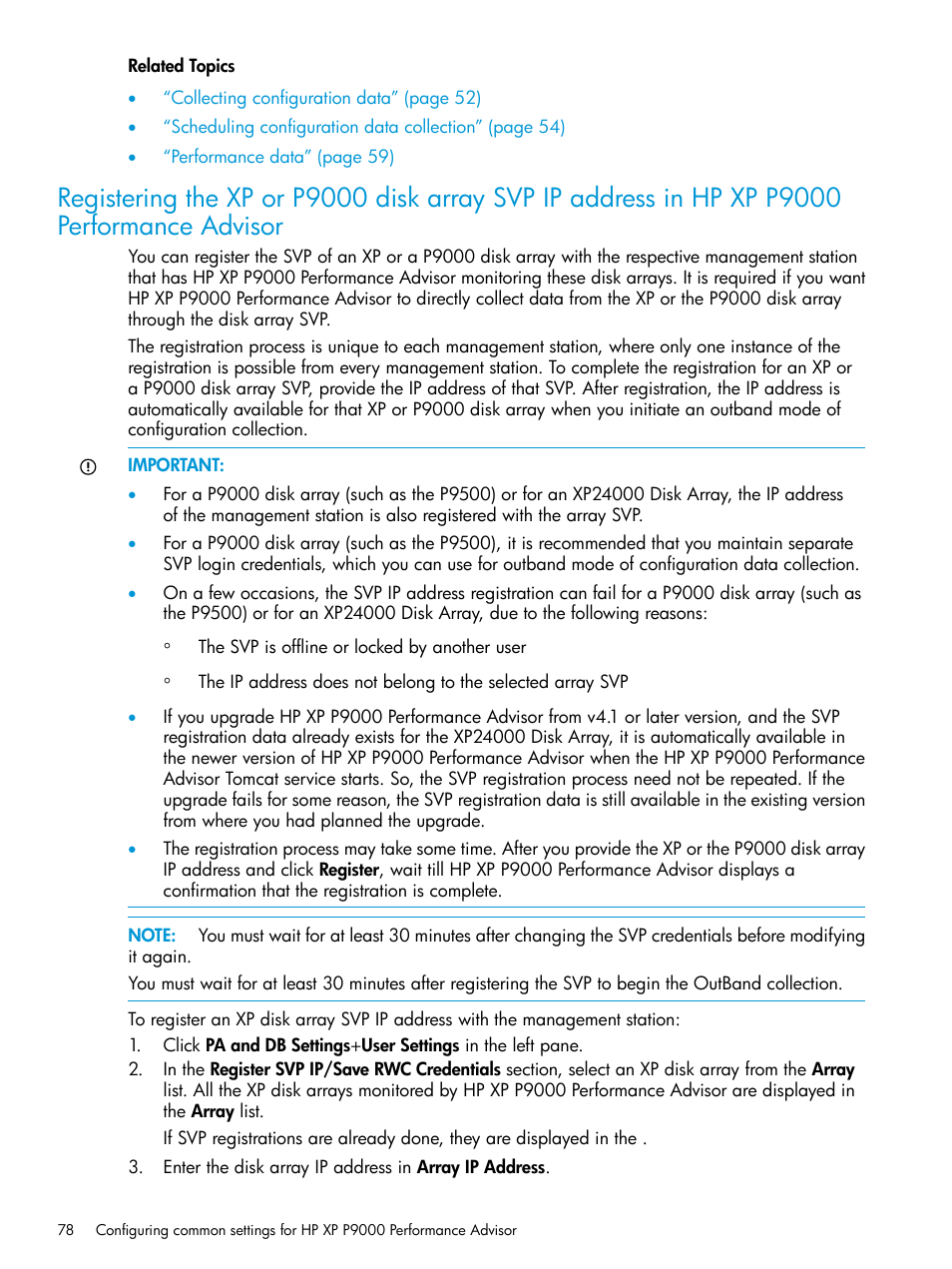 Registering the xp or p9000 disk array svp | HP XP P9000 Performance Advisor Software User Manual | Page 78 / 419