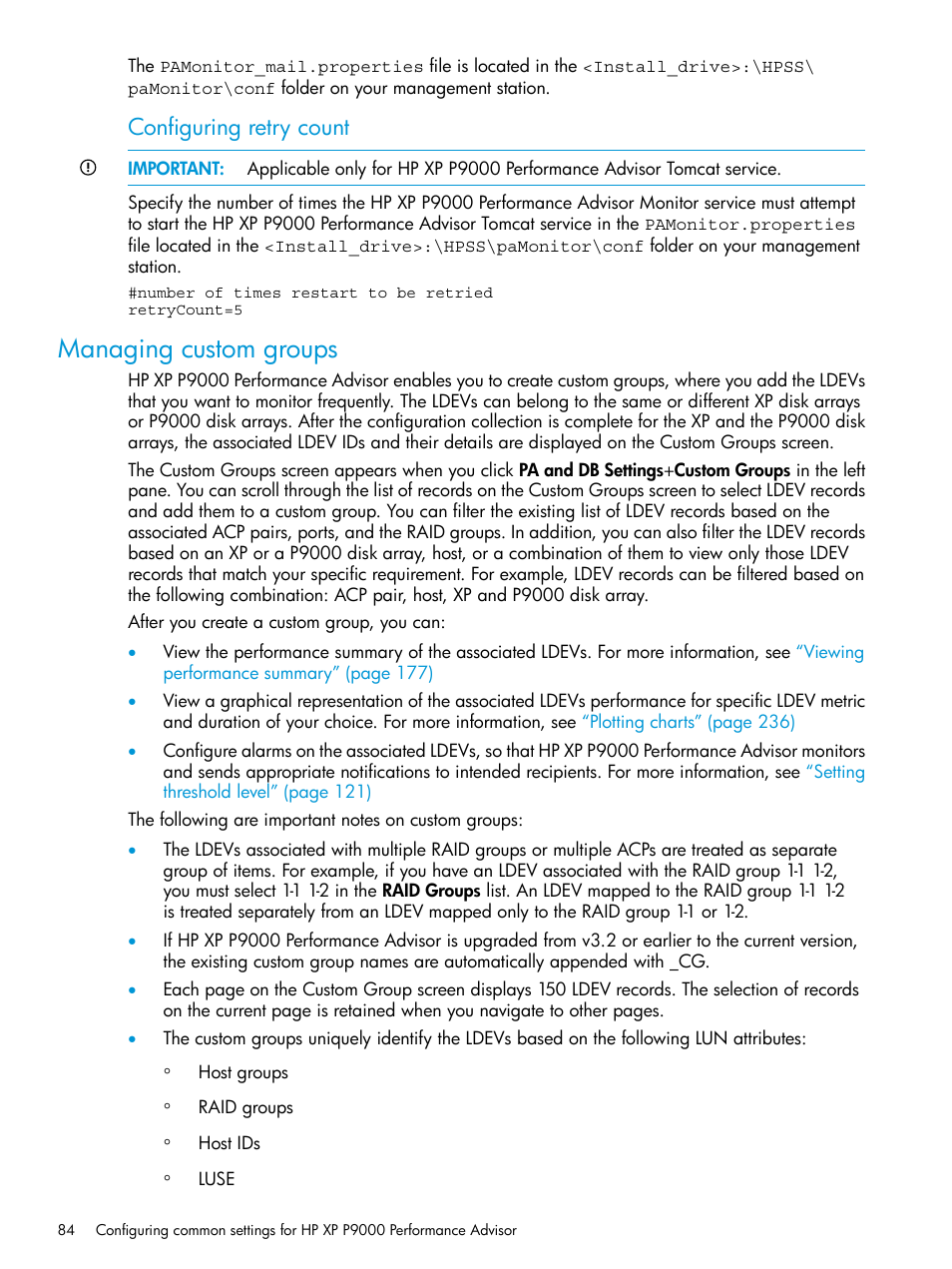 Managing custom groups, Configuring retry count | HP XP P9000 Performance Advisor Software User Manual | Page 84 / 419