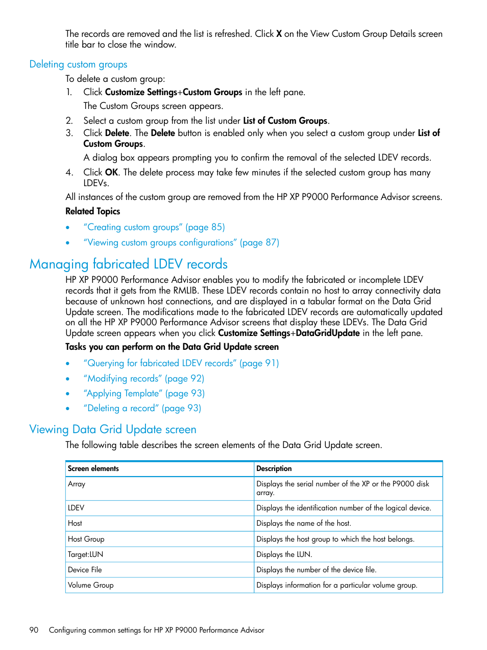 Deleting custom groups, Managing fabricated ldev records, Viewing data grid update screen | HP XP P9000 Performance Advisor Software User Manual | Page 90 / 419