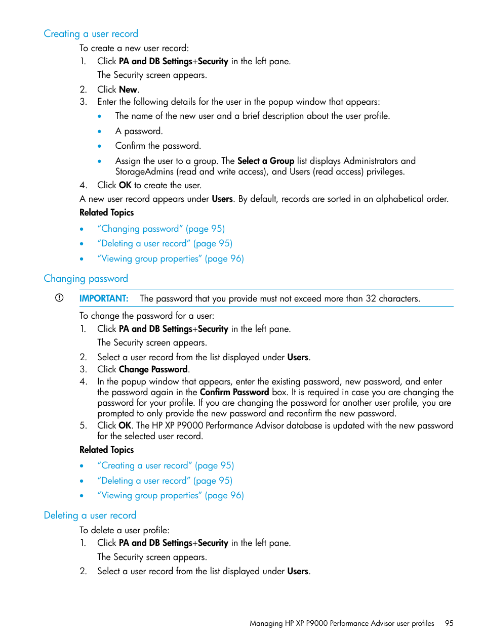 Creating a user record, Changing password, Deleting a user record | HP XP P9000 Performance Advisor Software User Manual | Page 95 / 419