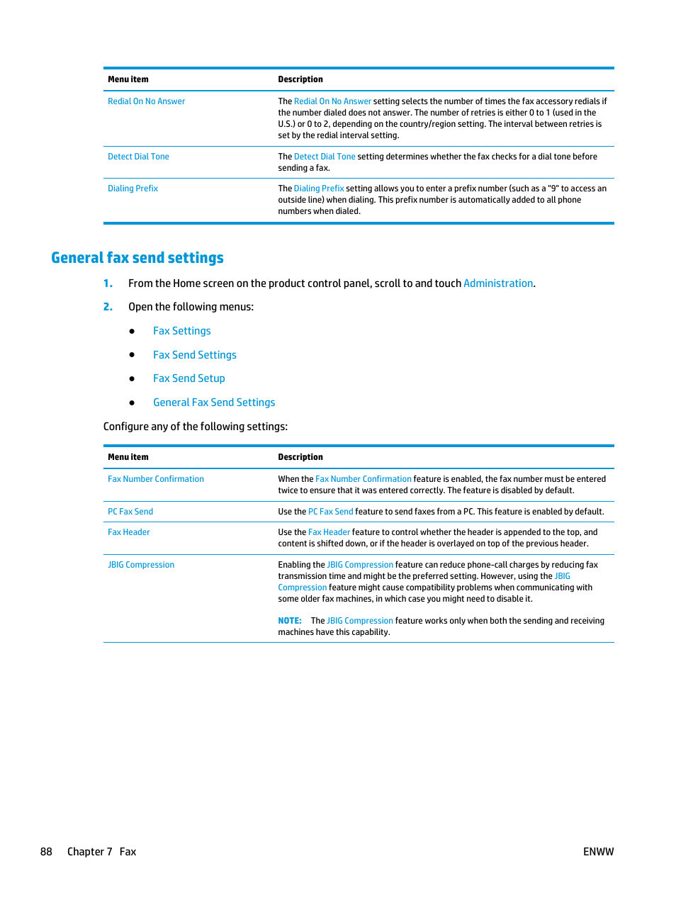 General fax send settings | HP Color LaserJet Enterprise Multifunction M680 Printer series User Manual | Page 100 / 198