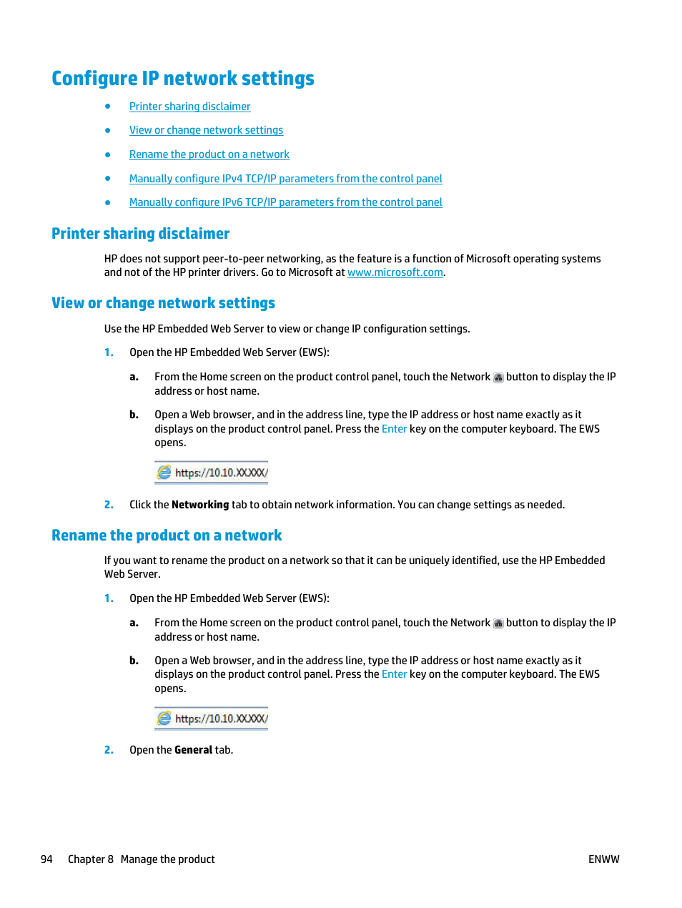 Configure ip network settings, Printer sharing disclaimer, View or change network settings | Rename the product on a network | HP Color LaserJet Enterprise Multifunction M680 Printer series User Manual | Page 106 / 198