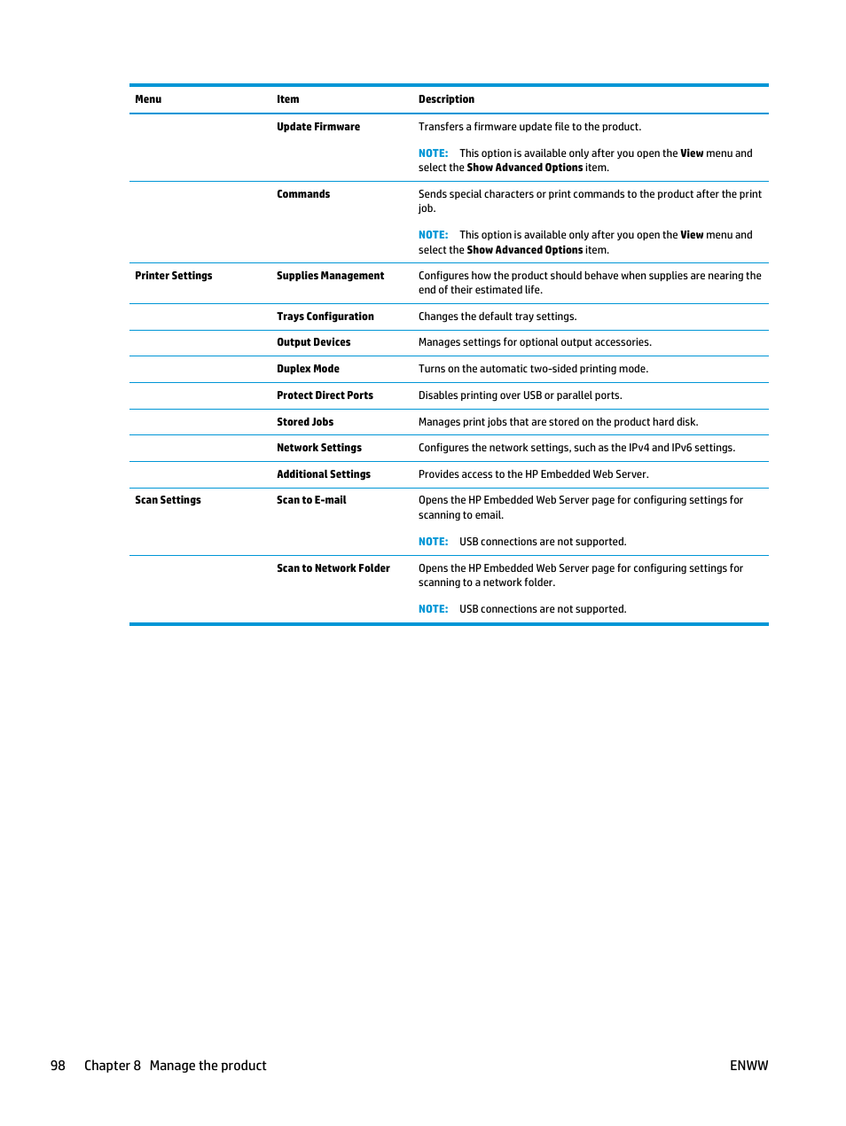 98 chapter 8 manage the product enww | HP Color LaserJet Enterprise Multifunction M680 Printer series User Manual | Page 110 / 198